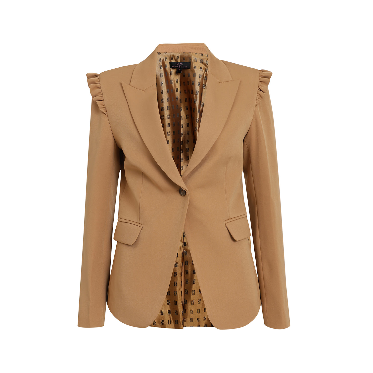 Point Of View Label Integrity Shoulder Frill Detail Jacket For Women - Camel Brown