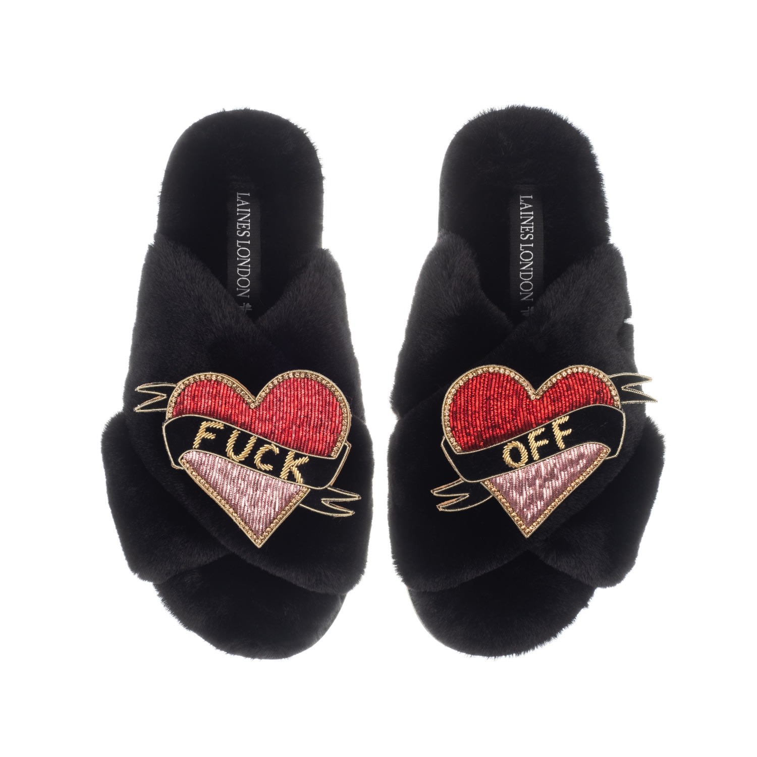 Laines London Women's Classic Laines Slippers With Fuck Off Brooches - Black