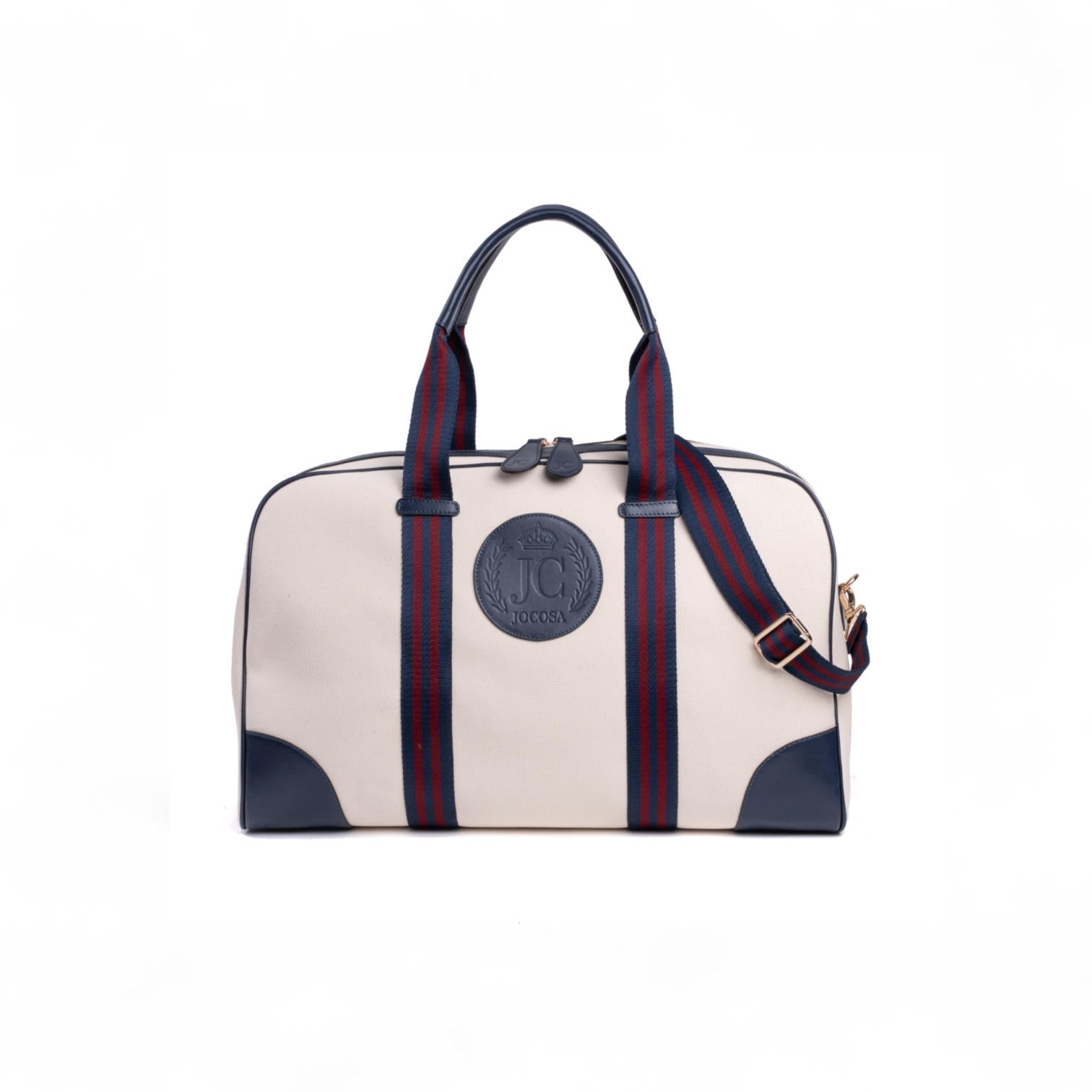 Jocosa Women's Brown / Blue Daily Sports Bag Ivory Canvas Navy Leather Red Handle Stripe In Multi