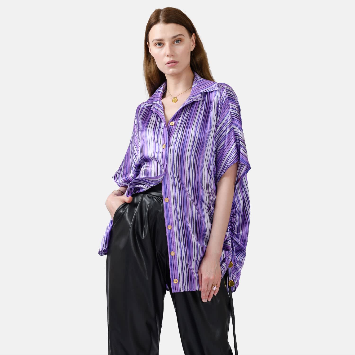 Purple Silk Satin Shirt – Oversized, Stripe Button-Up