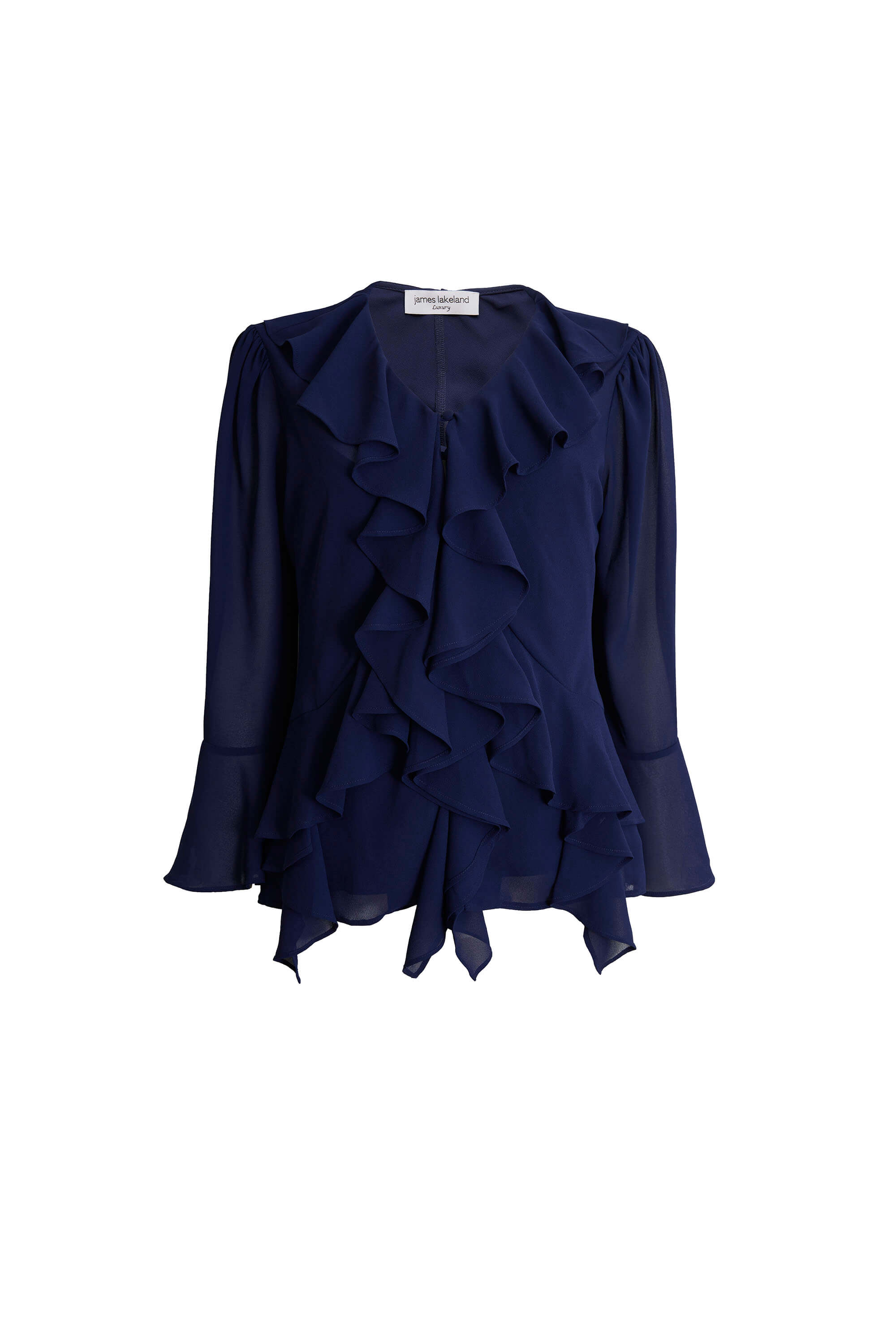 Women’s Blue V-Neck Chiffon Ruffle Blouse In Navy Extra Small James Lakeland