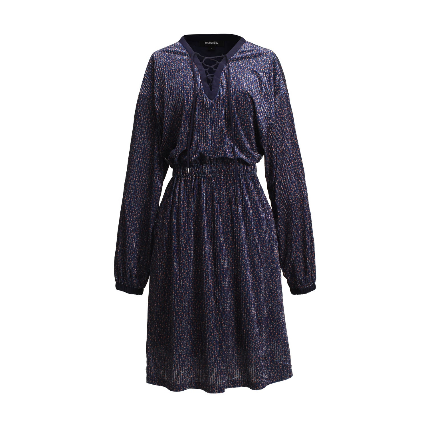 Women's Blue Lacing On V-Neck Velvet Tunic Dress With Liberty Print
