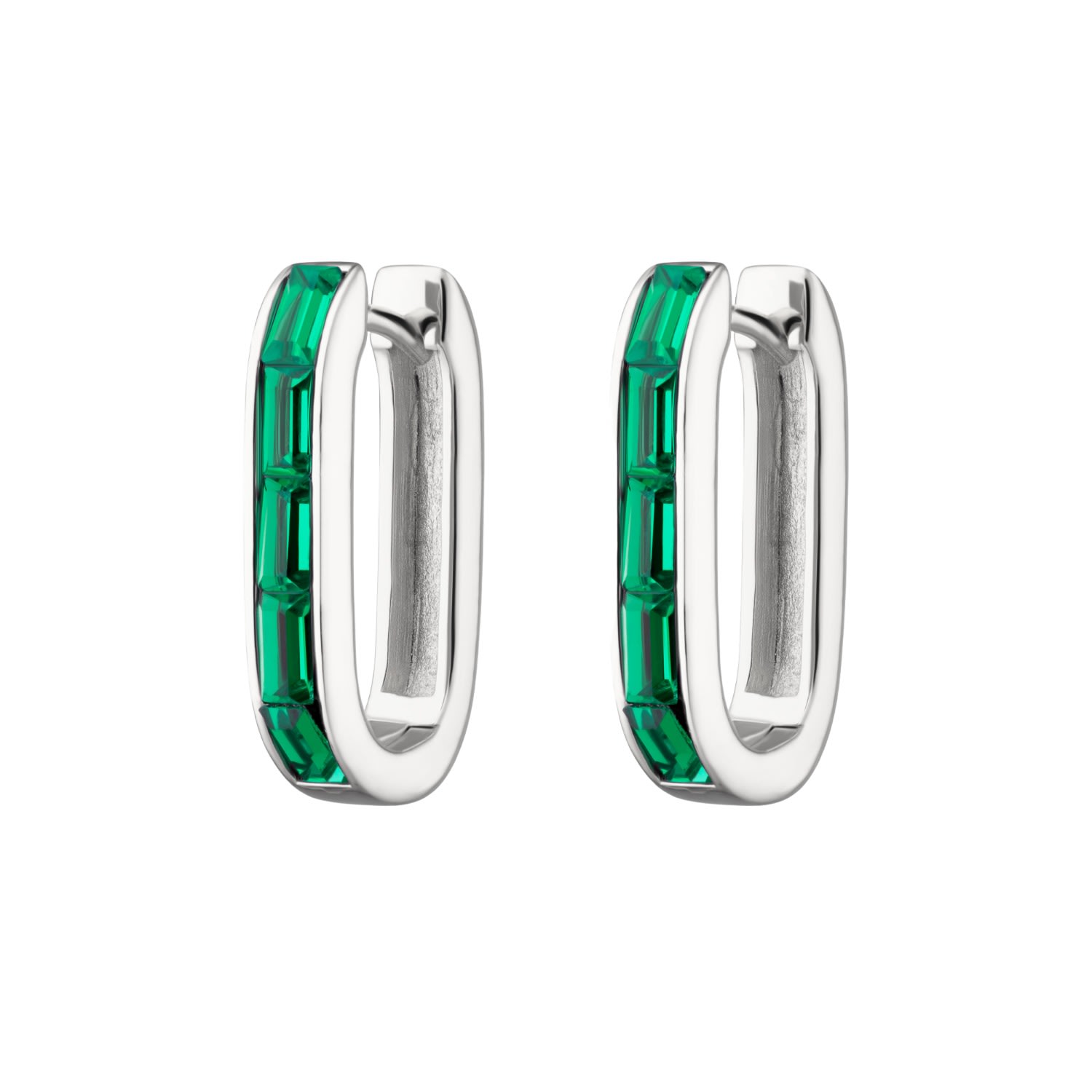 Women’s Silver / Green Silver Oval Baguette Hoop Earrings With Green Stones Scream Pretty