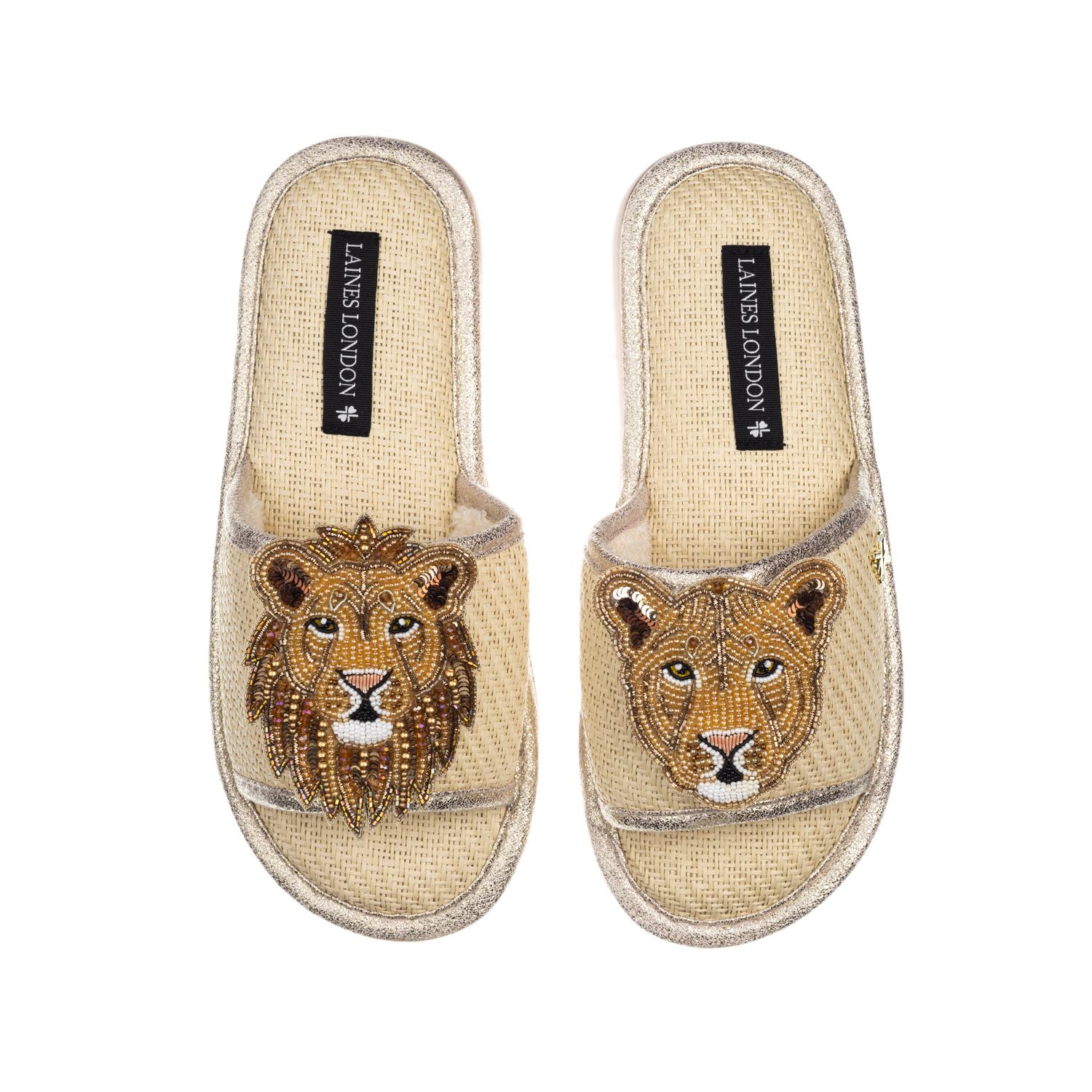 Laines London Women's White Straw Braided Sandals With Lion & Lioness Brooches - Cream In White