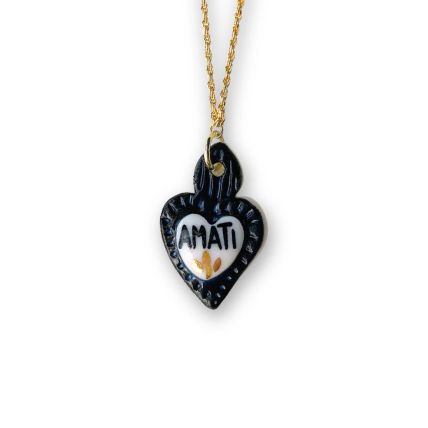Tiké Jewels Women's Sacred Heart Amati Gold & Black Porcelain Necklace – Gold Plated In Black