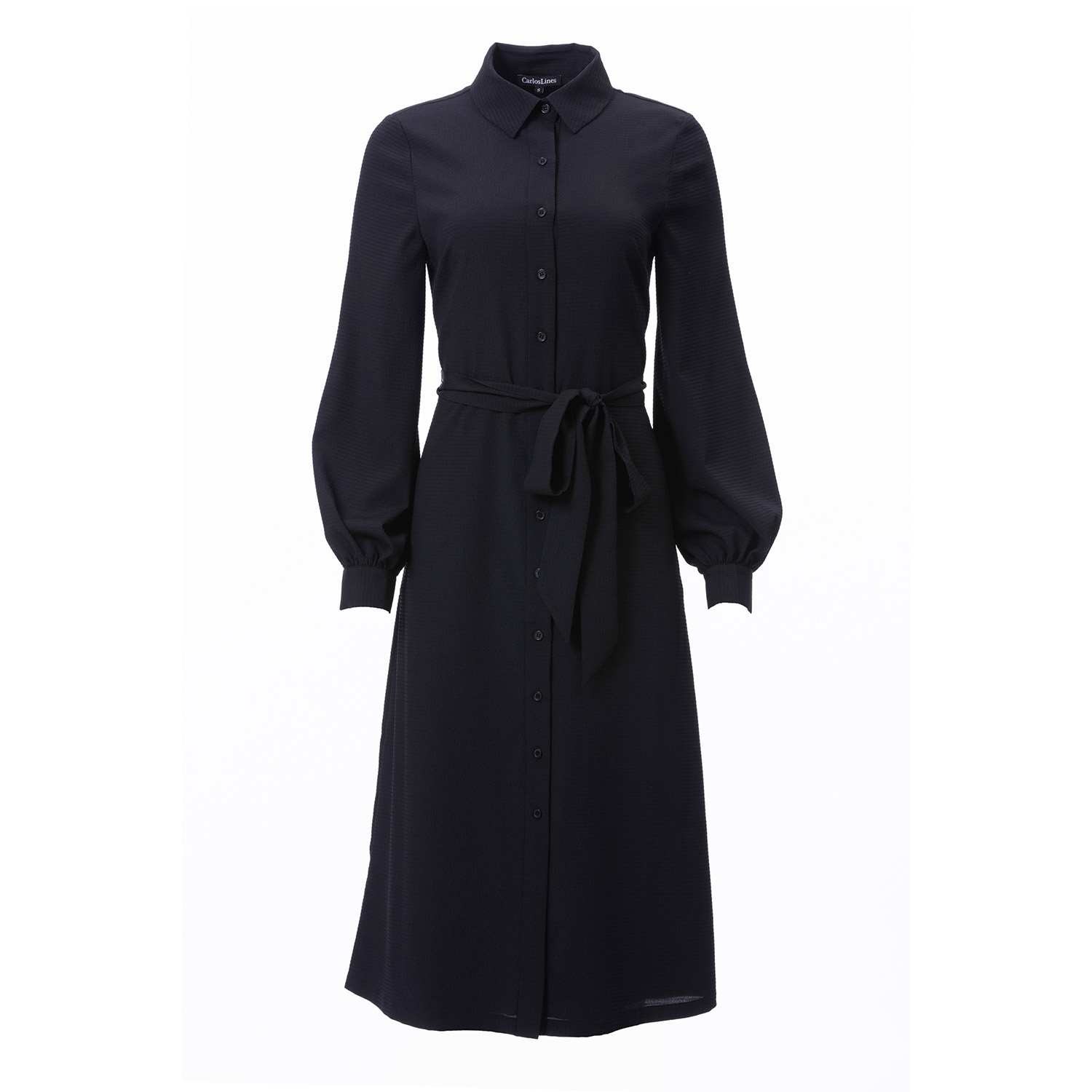 Carloslines Women's Button Down Striped Satin Jacquard Shirt Dress With Puff Long Sleeve & Pockets In Black Soli In Black