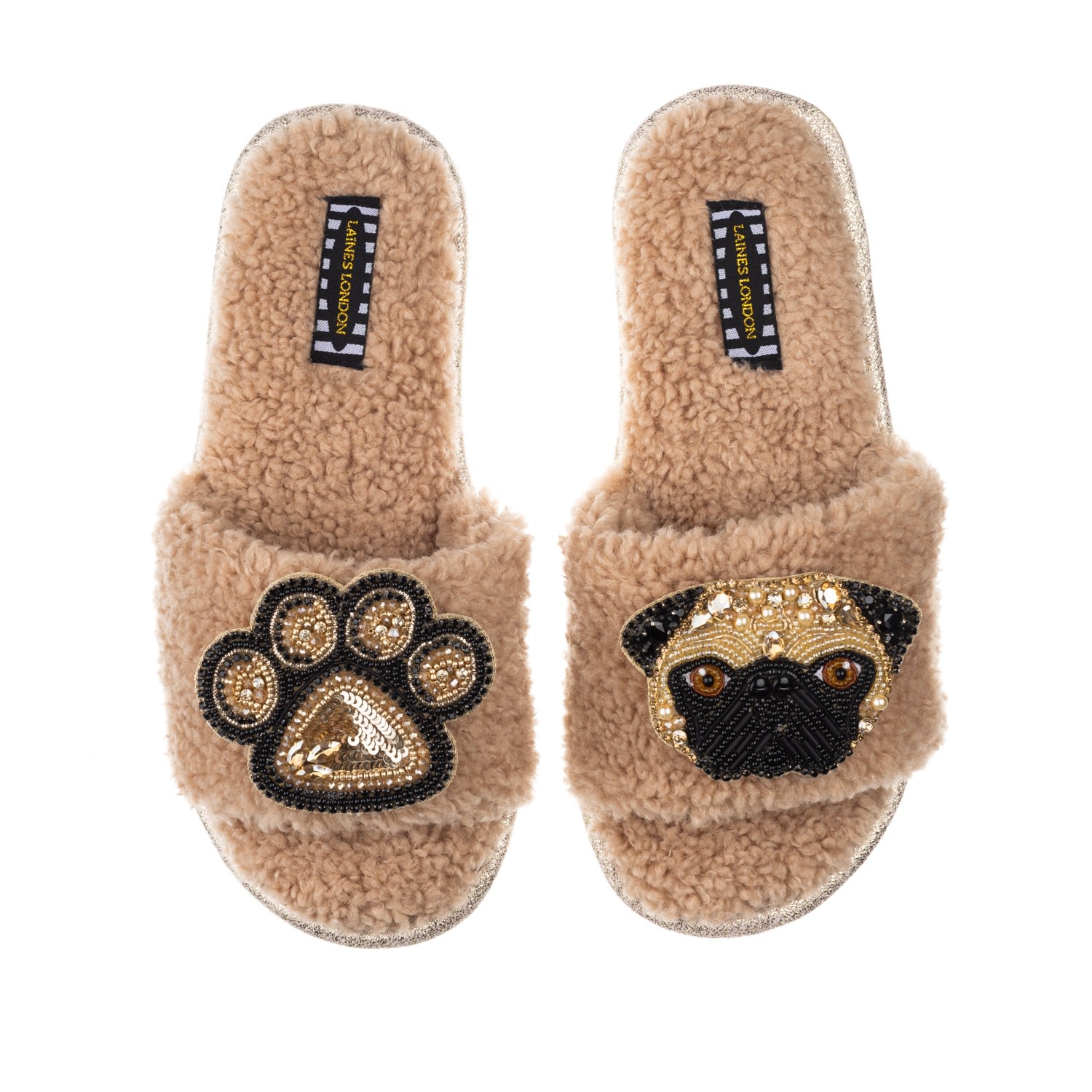 Laines London Women's Brown Teddy Towelling Slipper Sliders With Franki & Paw Brooch - Toffee In Brown
