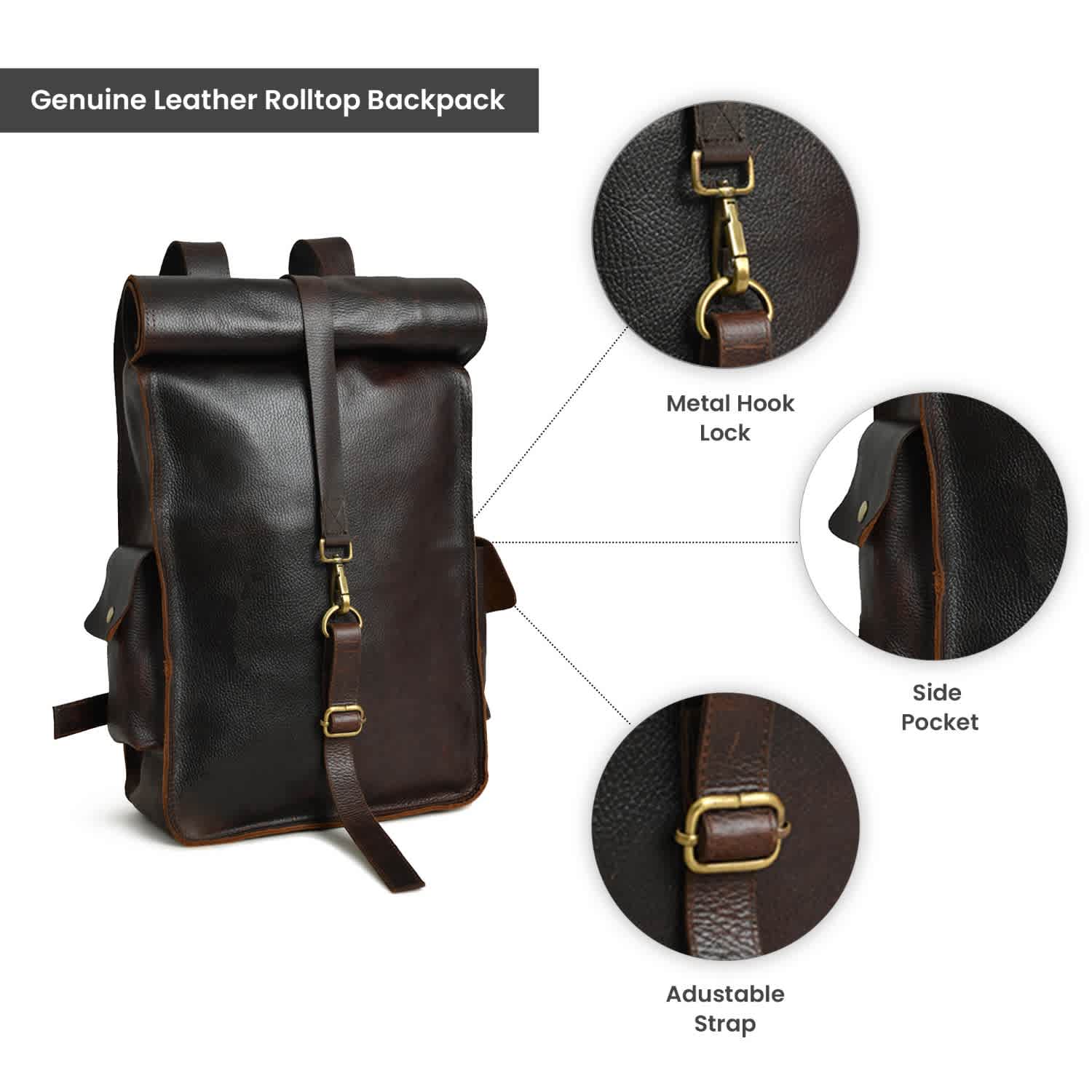 Handmade durable organic Rolltop Leather B… Handmade Leather Small Rolltop Backpack - Brown | olpr main image 4