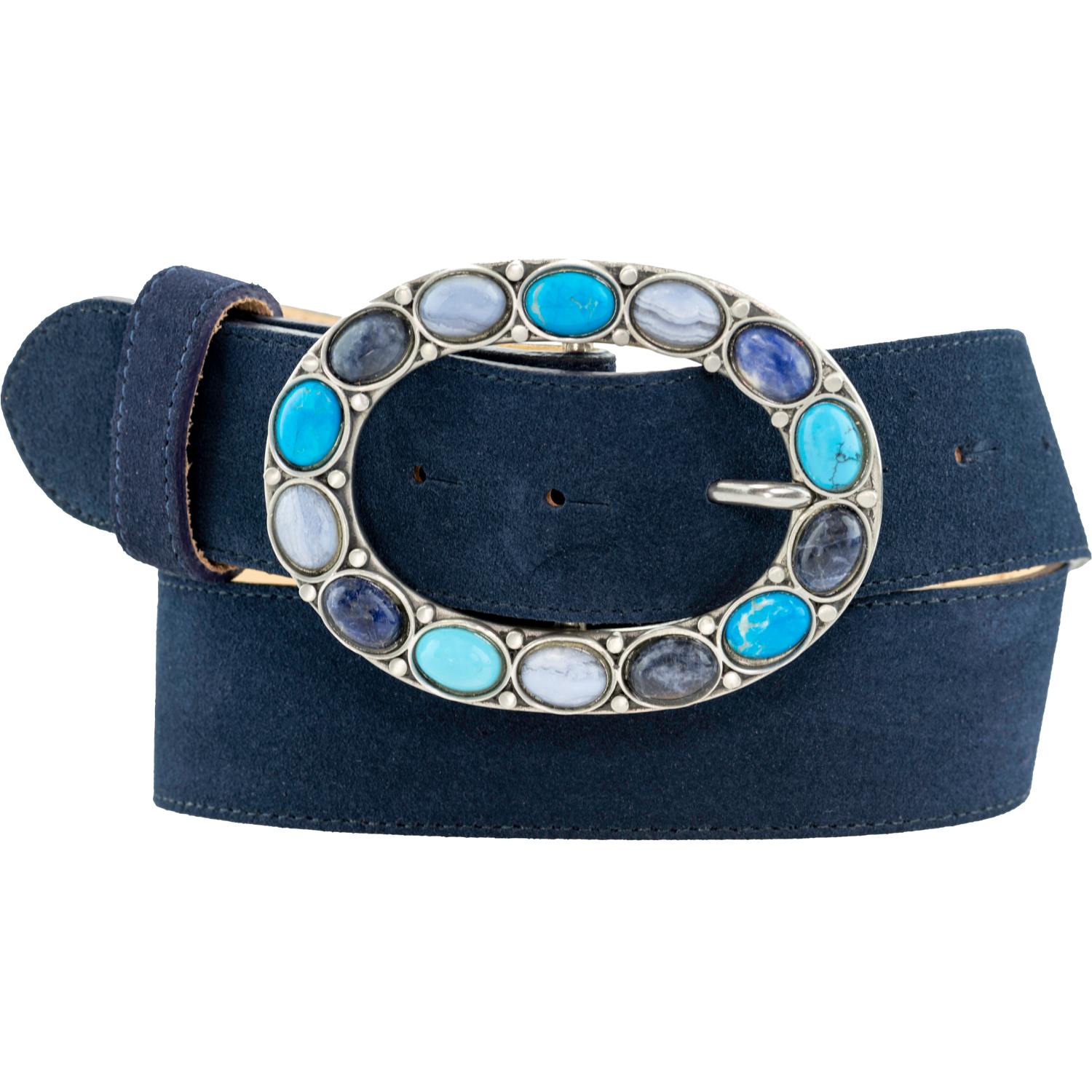 Women's Navy Suede Belt With Our Blue Oval Gemstone Buckle | 32" | Peachy Belts Ltd