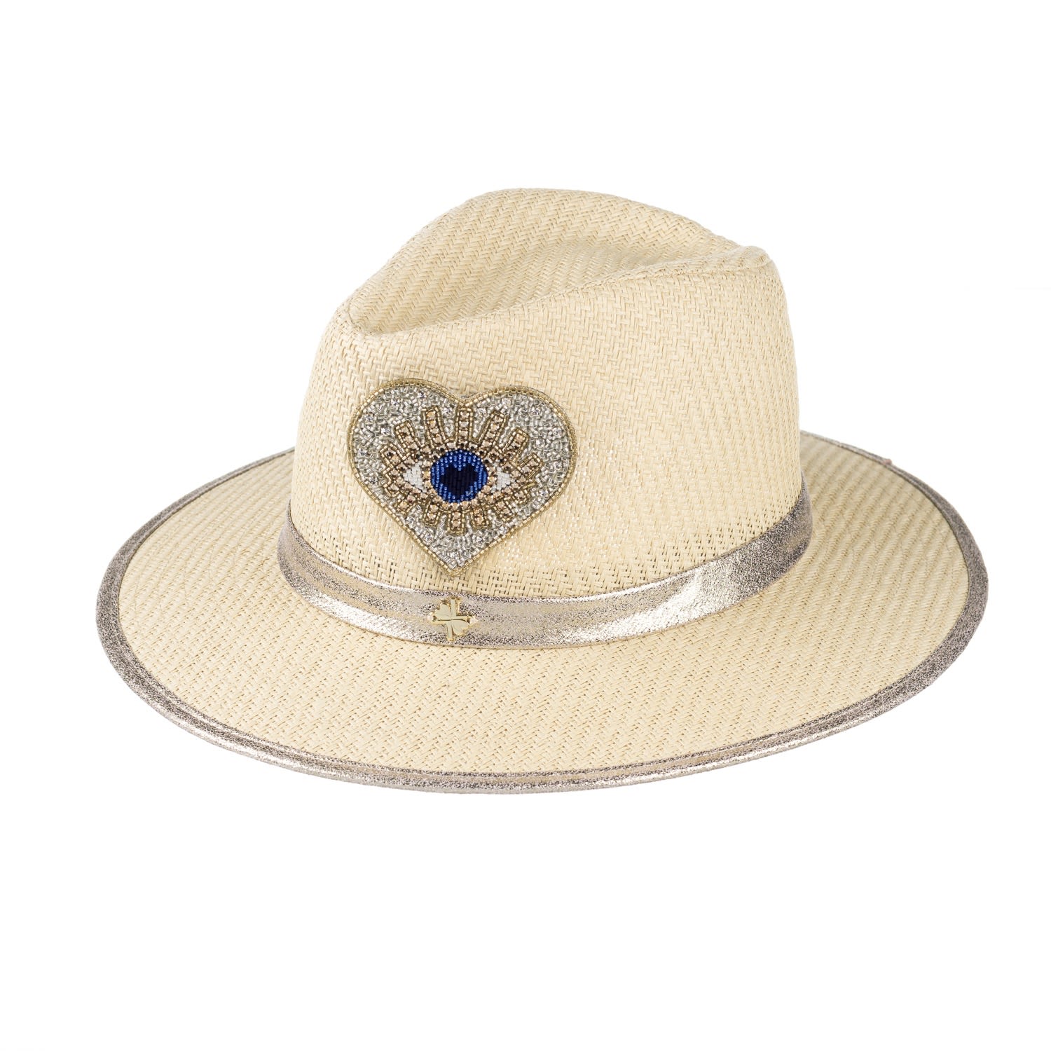 Women’s Neutrals Straw Woven Hat With Embellished Couture Gold & Blue Heart Eye Brooch - Cream One Size Laines London