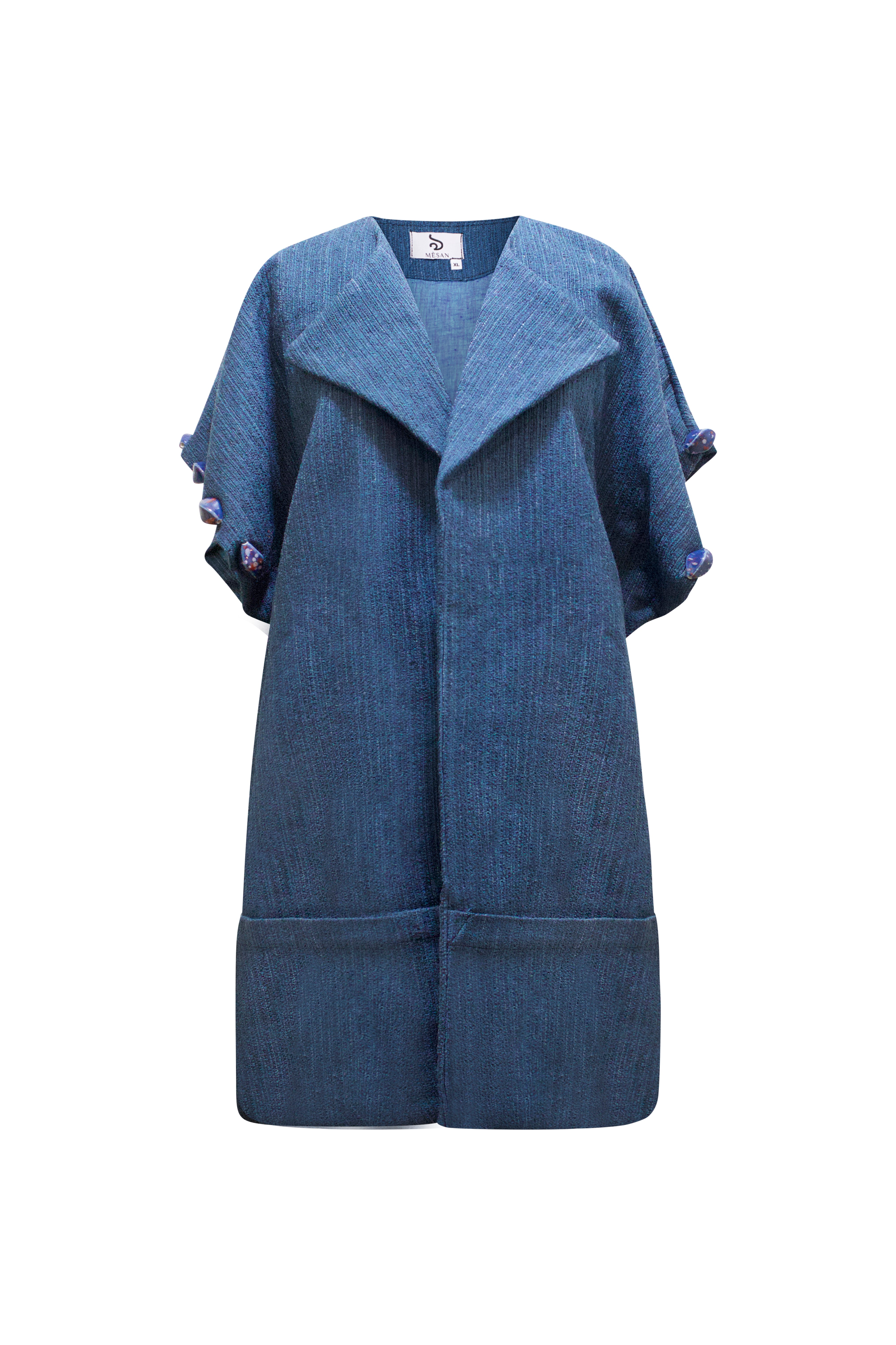 Mèsan Women's Woven Coat With Beaded Sleeves Blue In Blue