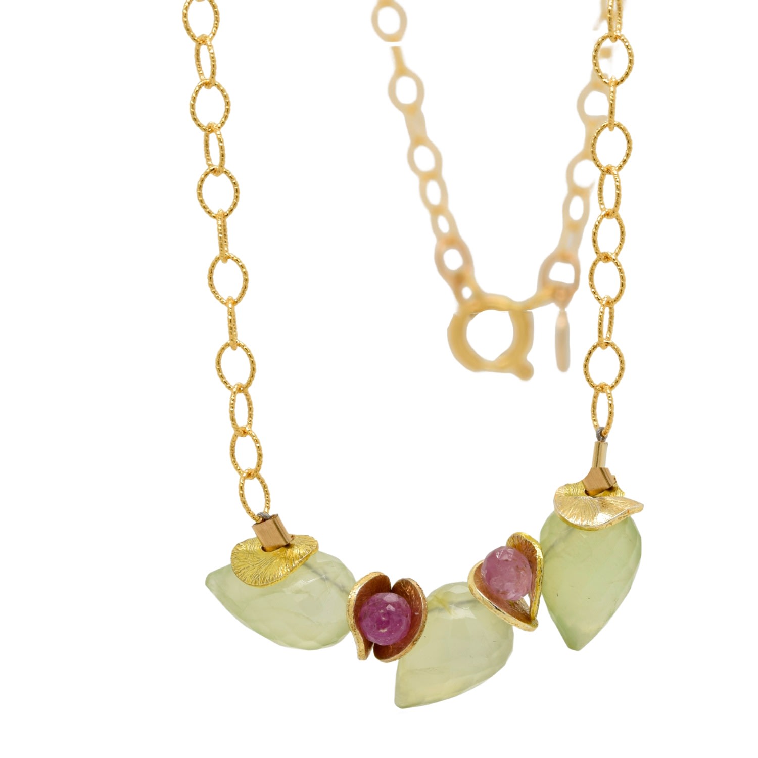 Lori Kaplan Design Women's Green / Pink / Gold Signature Prehnite Bud With Pink Sapphire Gold Necklace In Multi