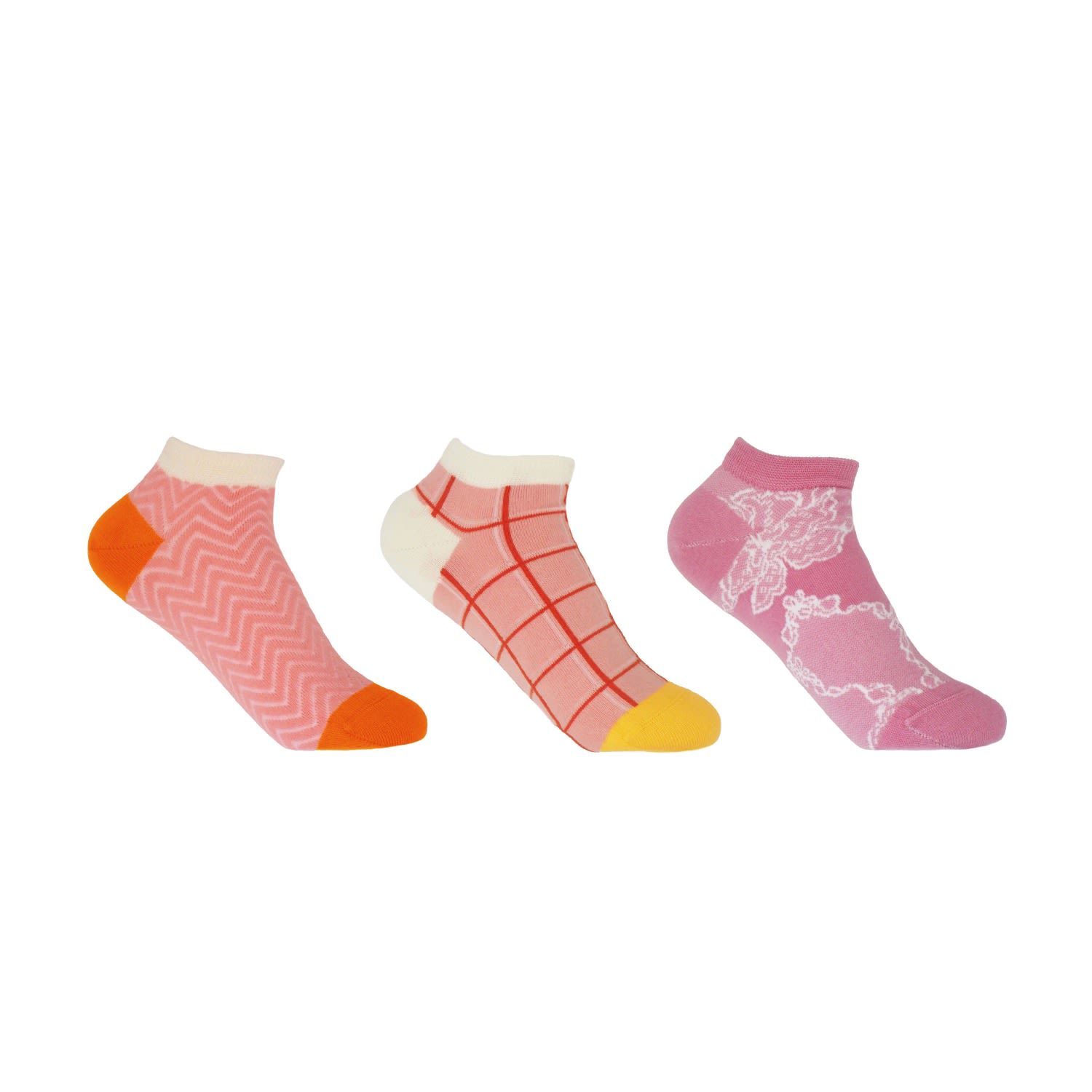 Peper Harow - Made In England Pink Women's Trainer Sock Bundle - Zigzag, Grid & Delicate