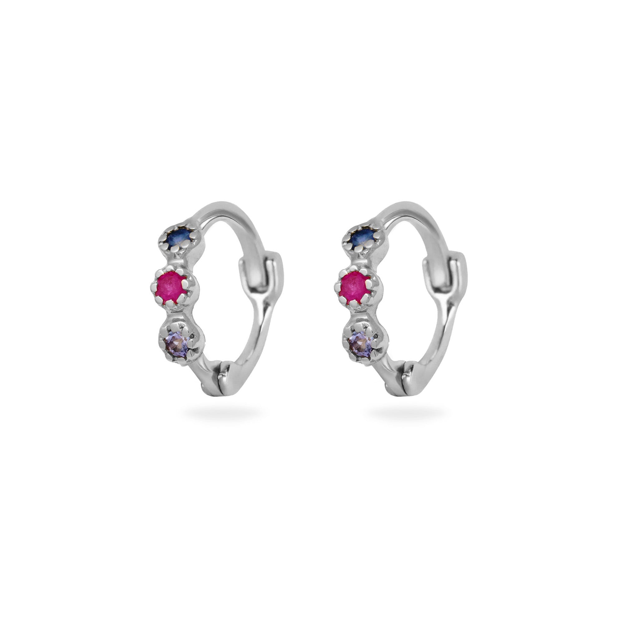 Zohreh Women's Blue / Pink / Silver Mini Sapphire, Ruby & Tanzanite Trilogy Huggie Hoop Earring Pair Sterli In Metallic