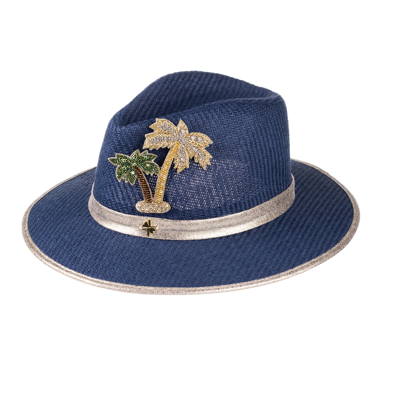 Laines London Women's Blue Straw Woven Hat With Couture Embellished Golden Palm Tree Brooch - Navy In Blue