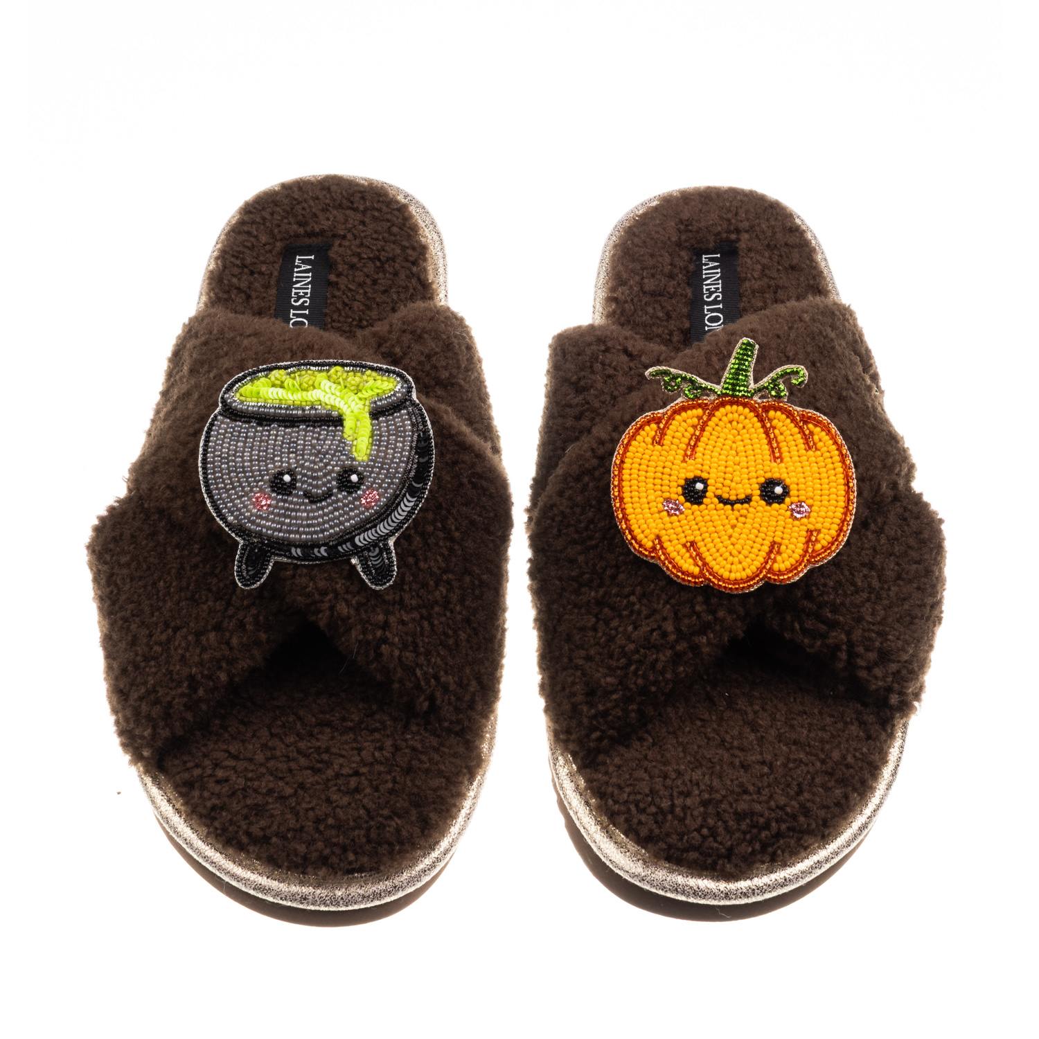 Laines London Women's Brown / Neutrals Boucle Slippers With Limited Edition Laines Loveables Pumpkin & Cauldron Ha In Brown