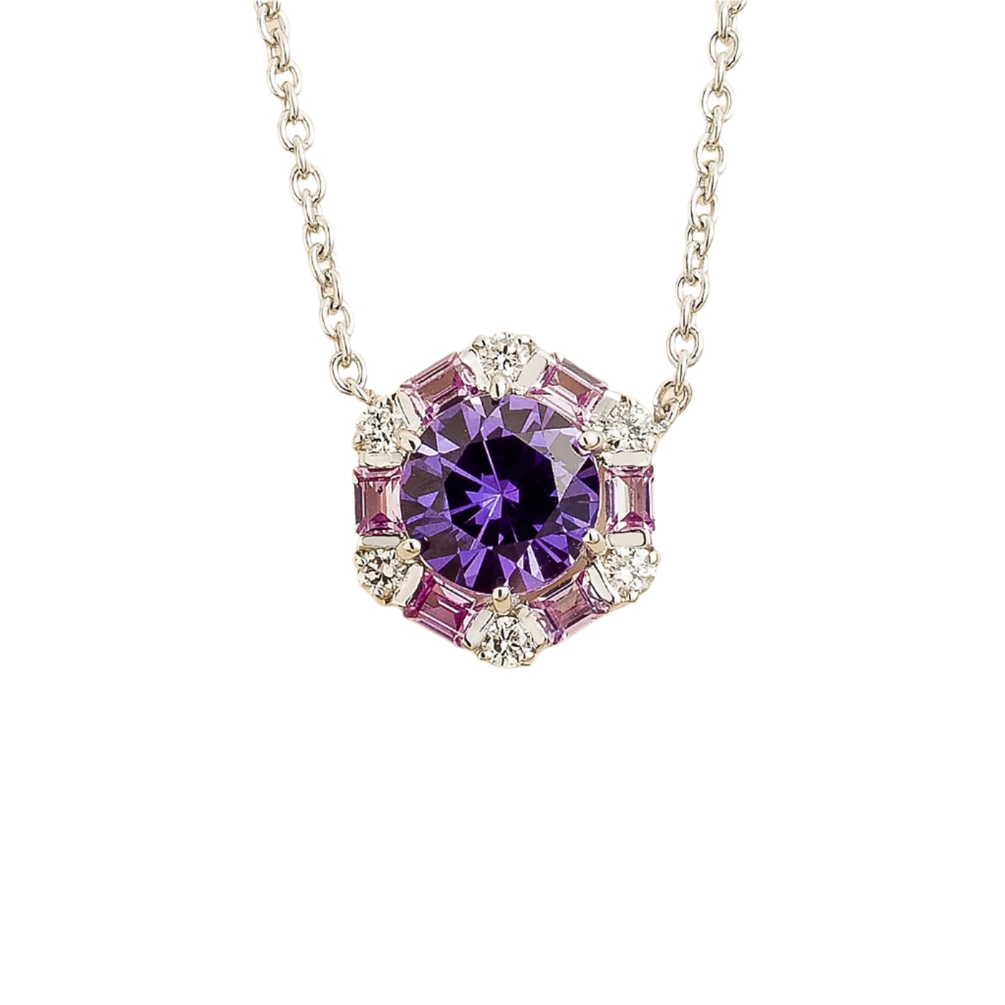 Juvetti Women's Pink / Purple / White Melba White Gold Necklace Set With Purple Sapphire, Pink Sapphire & Di In Multi