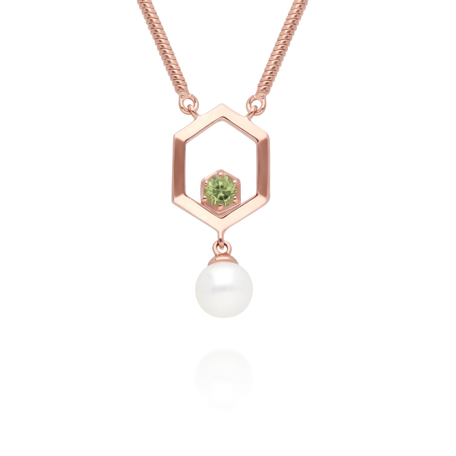 Women’s Green Modern Pearl & Peridot Hexagon Drop Necklace In Rose Gold Plated Sterling Silver Gemondo
