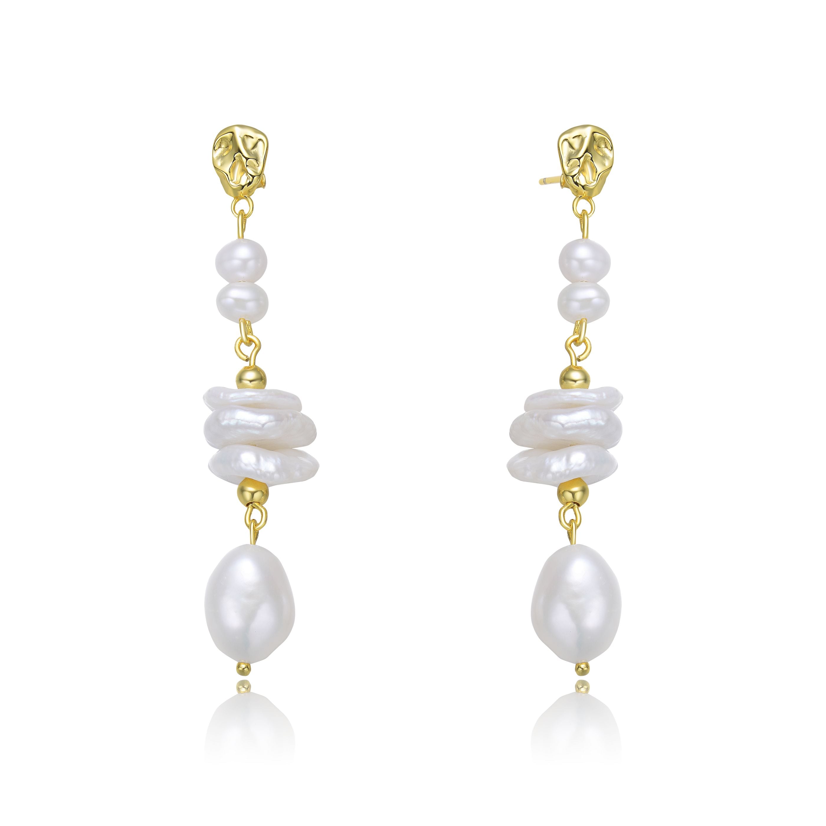 Genevive Jewelry Women's Gold / White Brigitte Golden Pearl Chain Drop Earrings In Multi