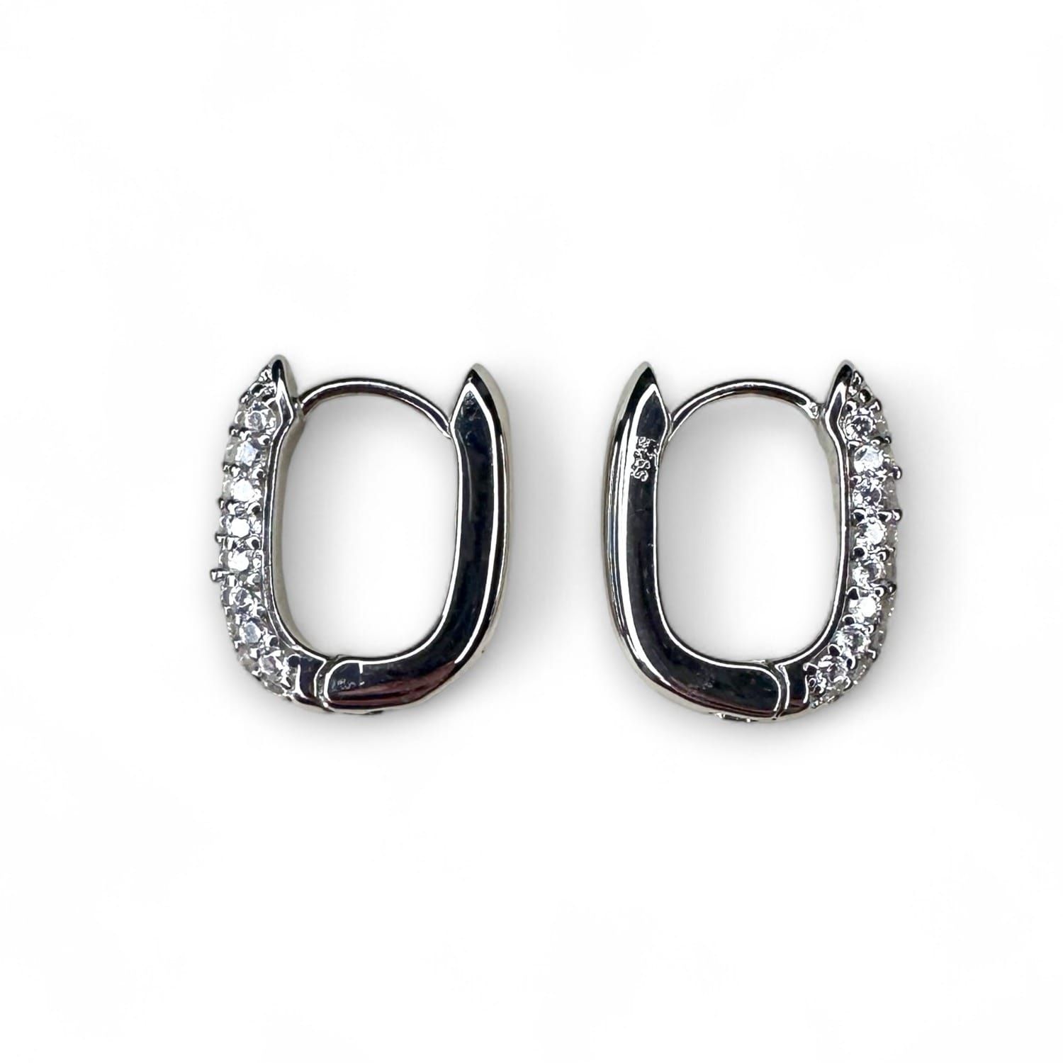 Clemence Wren Women's White / Silver Oval Pave Gemstone Silver Huggie Earrings - Bright White