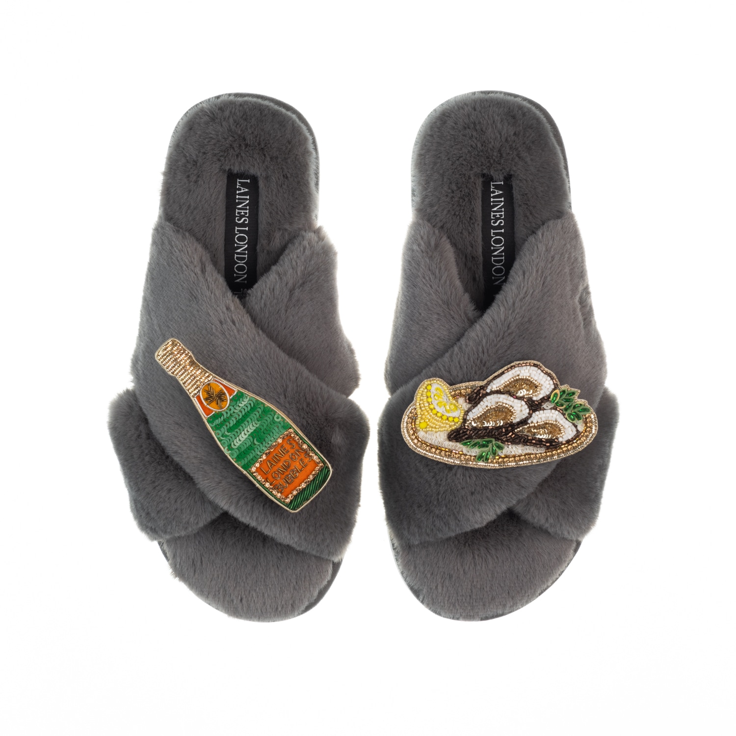 Women’s Classic Laines Slippers With Oysters & Champers - Grey Large Laines London