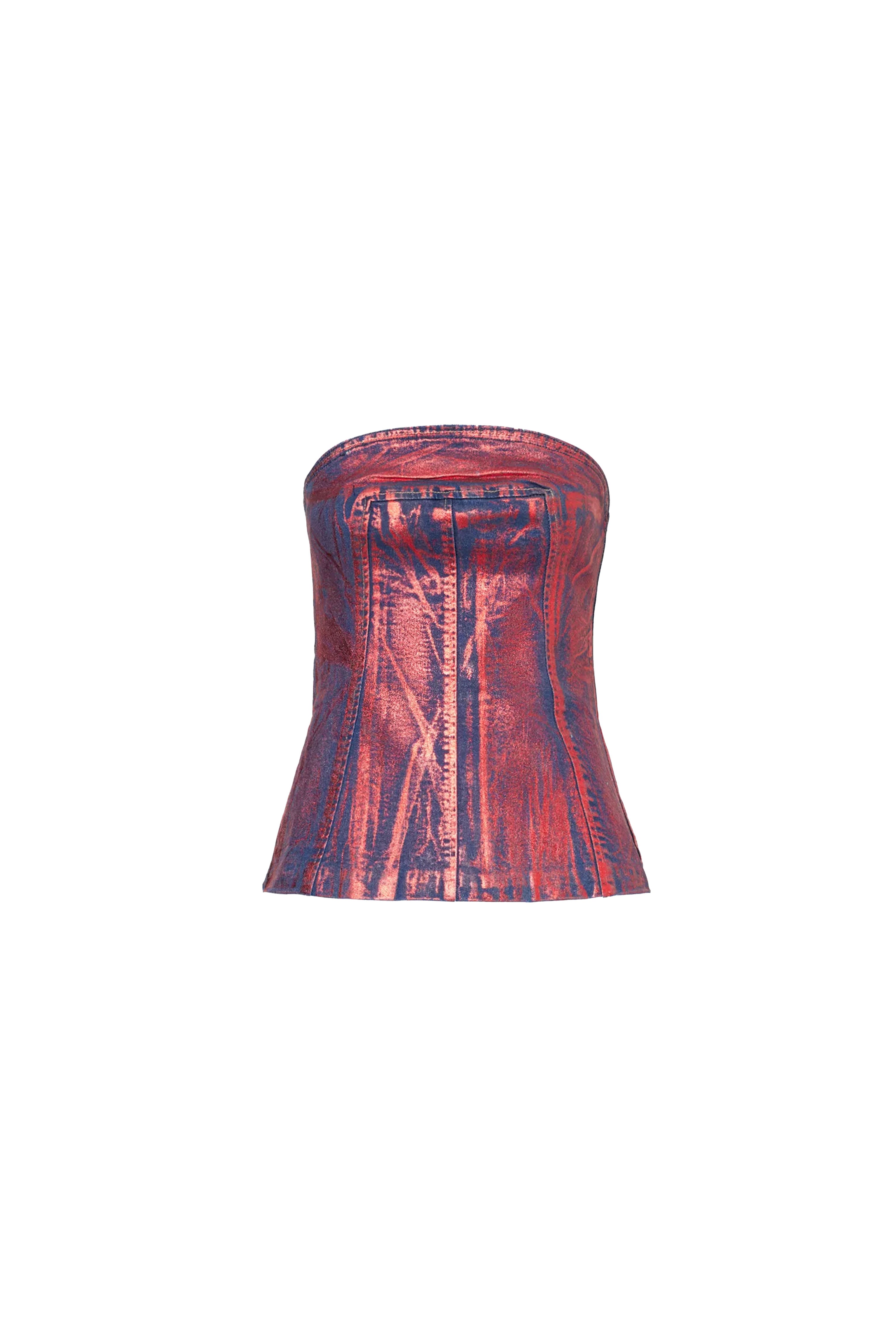 Amy Lynn Womens  Johanna Foil-coated Denim Corset Top In Red