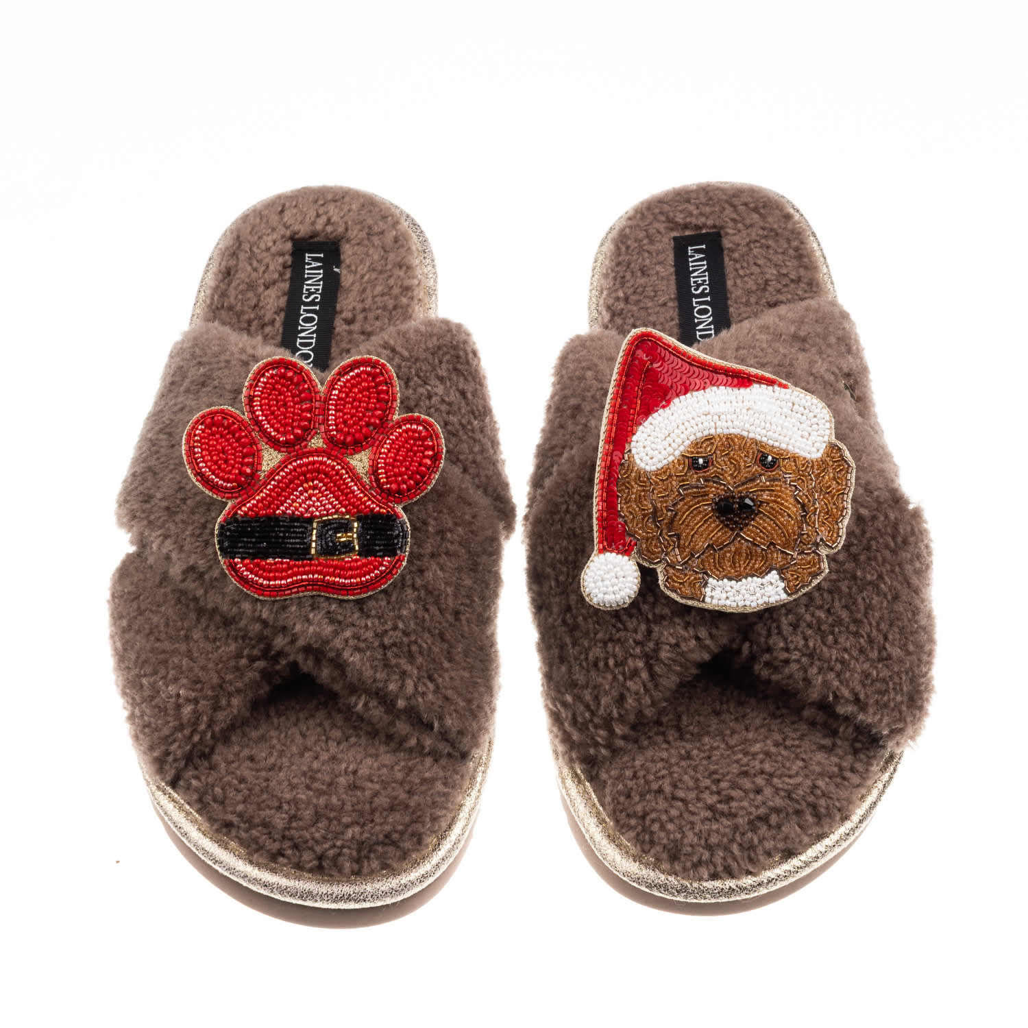 Laines London Women's Brown / Neutrals Laines Boucle Slippers With Christmas Brown Cockapoo & Paw Brooches - Mink In Brown