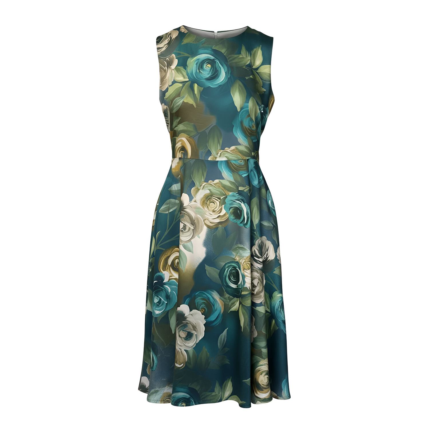 Haris Cotton Women's Green Printed Satin Sleeveless Midi Dress With Pleats Emerald Romance In Green