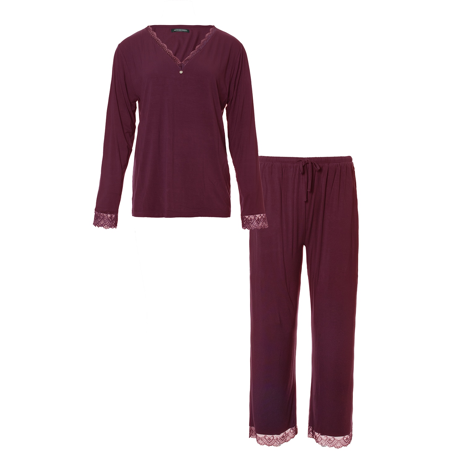Pretty You Women's Red Bamboo Lace V-neck Pyjama Set In Bordeaux In Red