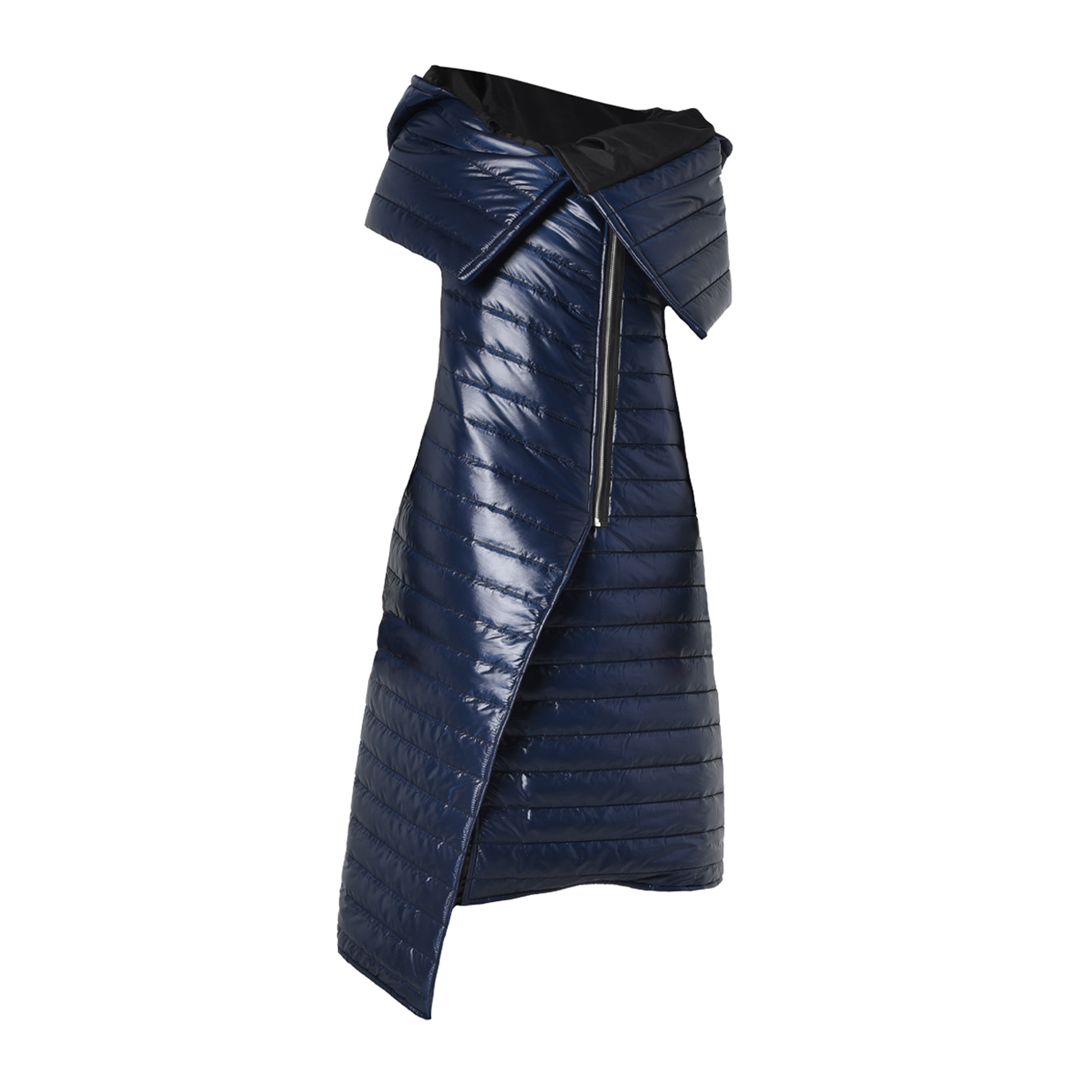 Long Puffer Vest With Zipper In Dark Blue, Metamorphoza