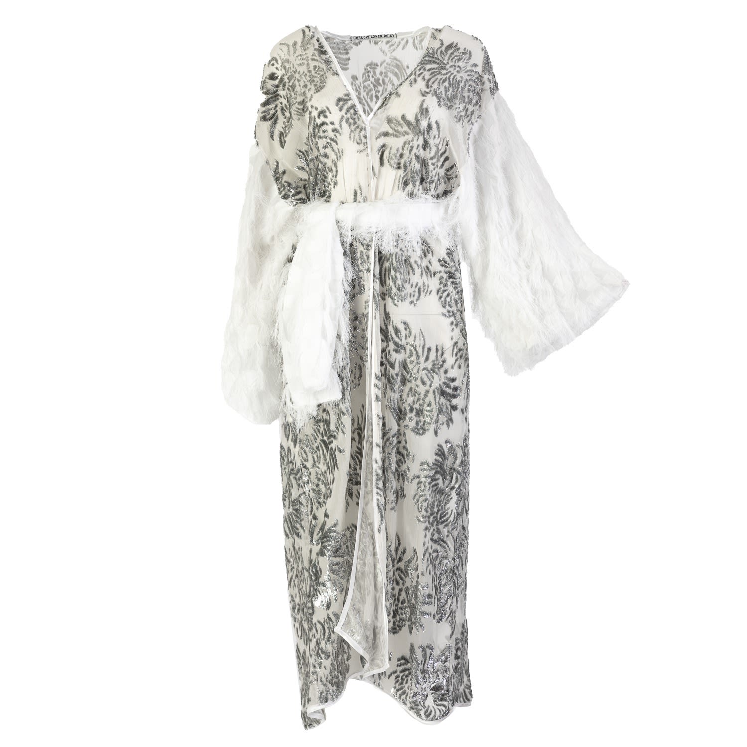 Women’s White / Silver Trinity - Silver Fairy Dust Sequins On Silk Duster Robe With White Fringe One Size Harlow Loves Daisy