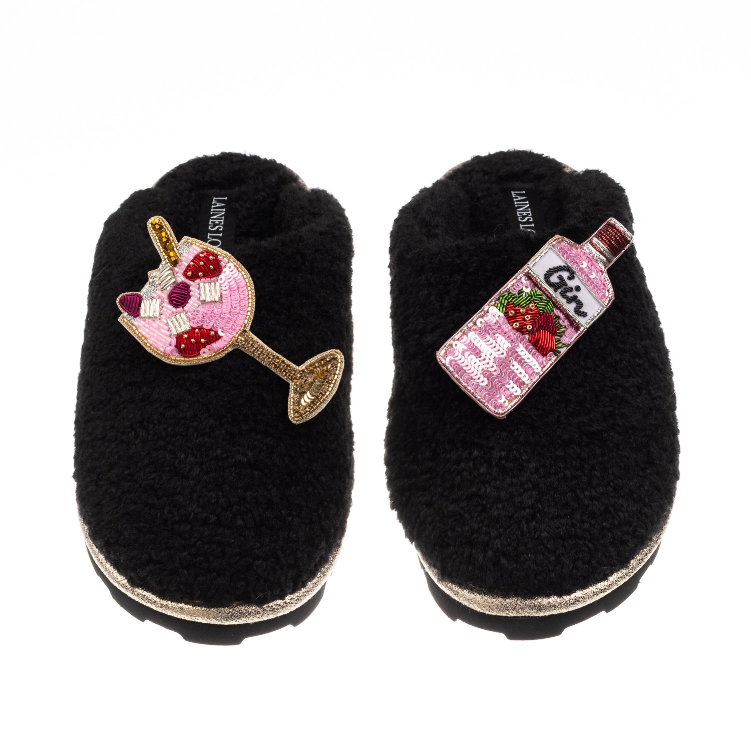 Laines London Women's Teddy Closed Toe Slippers With Pink Gin & Fruit Glass Brooches - Black In Black