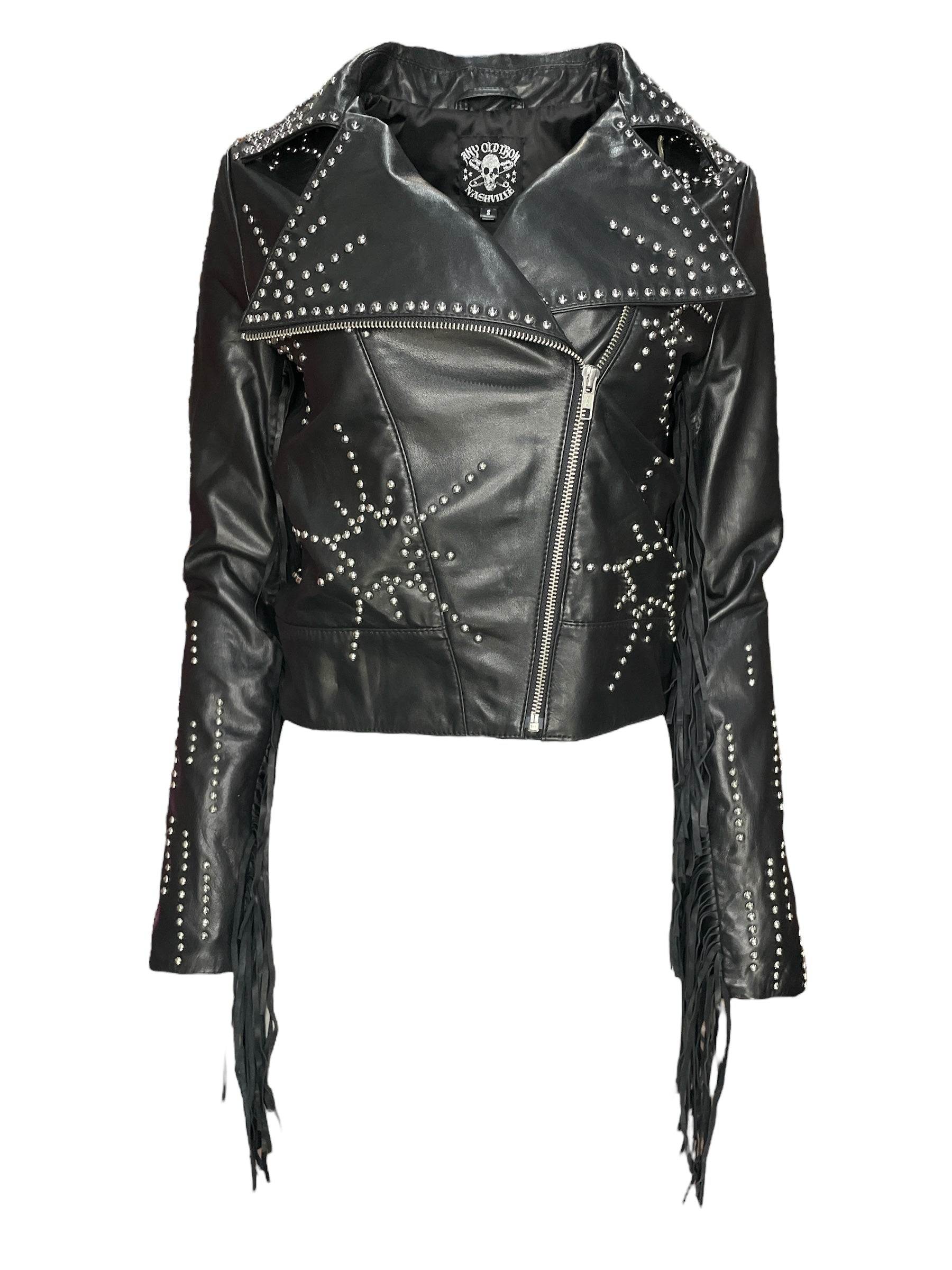 Women's Black / Silver Silver Studded Starburst Leather Jacket | Extra Large | Any Old Iron