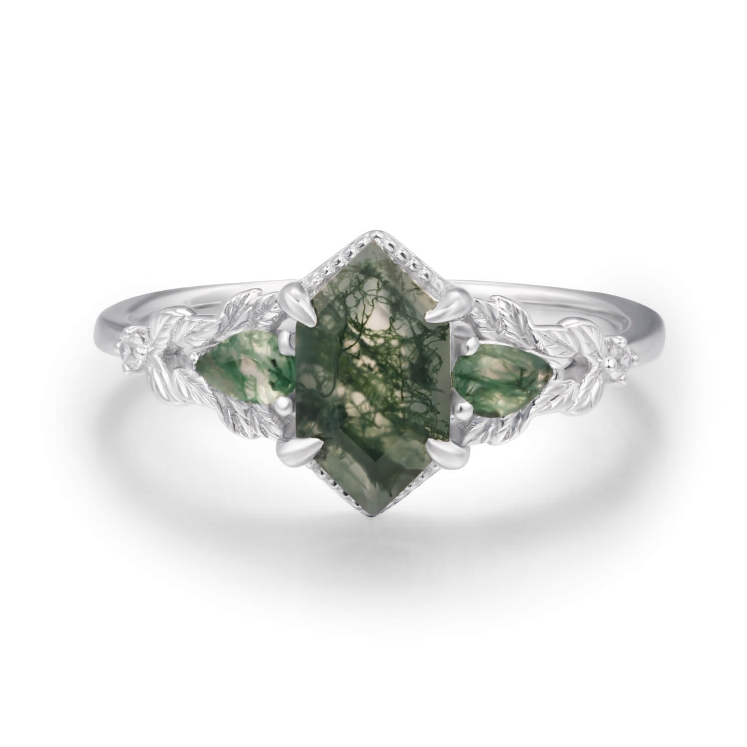 Women’s Silver Gardenia Moss Agate Ring White Gold Vermeil Azura Jewelry New York