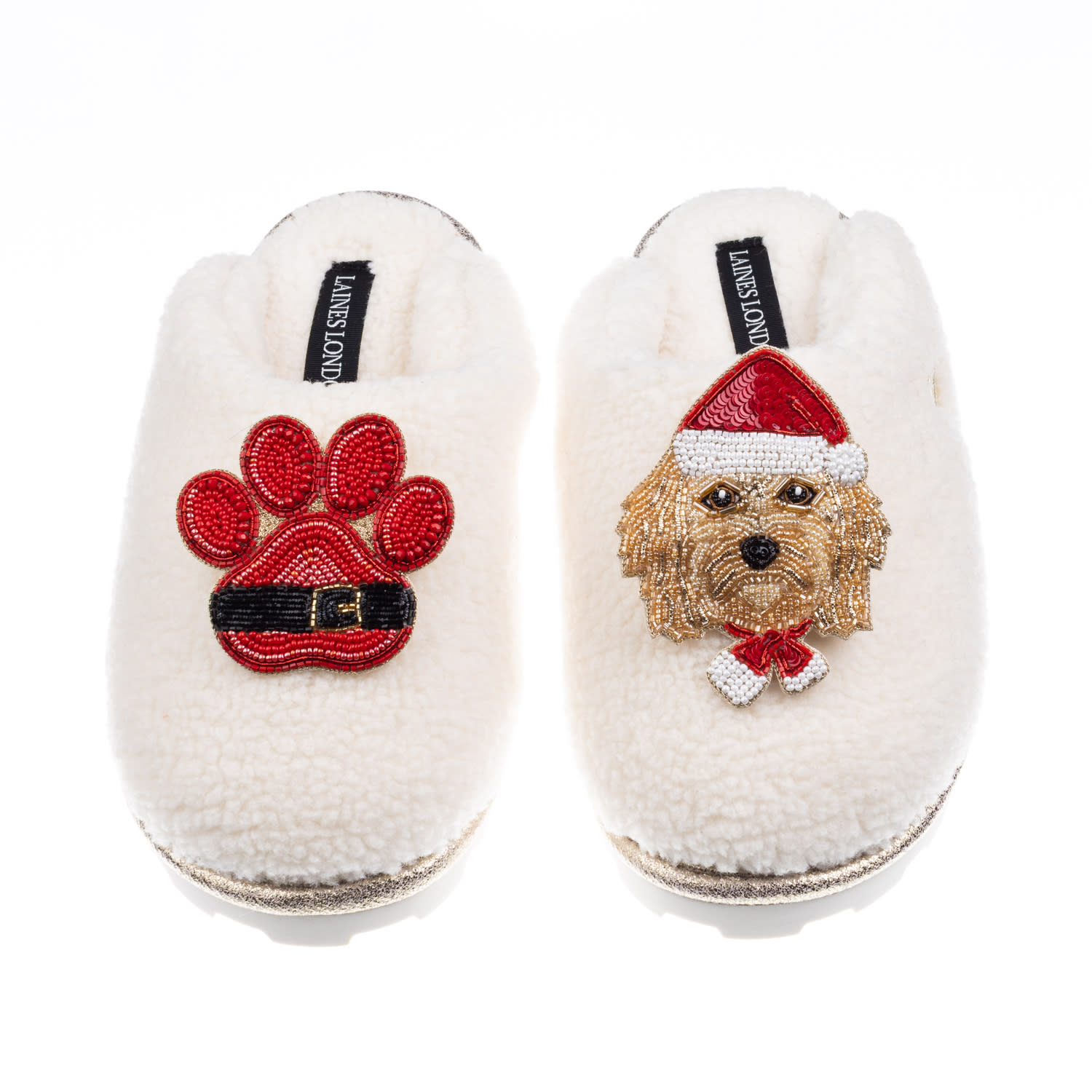 Laines London Women's Neutrals / White Teddy Closed Toe Slippers With Christmas Golden Cavapoo & Paw Brooches - Cr In Multi