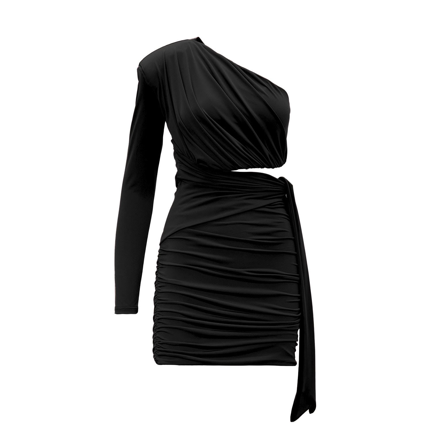Women’s Black Mini Asymmetrical Dress With Scarf Medium Bluzat