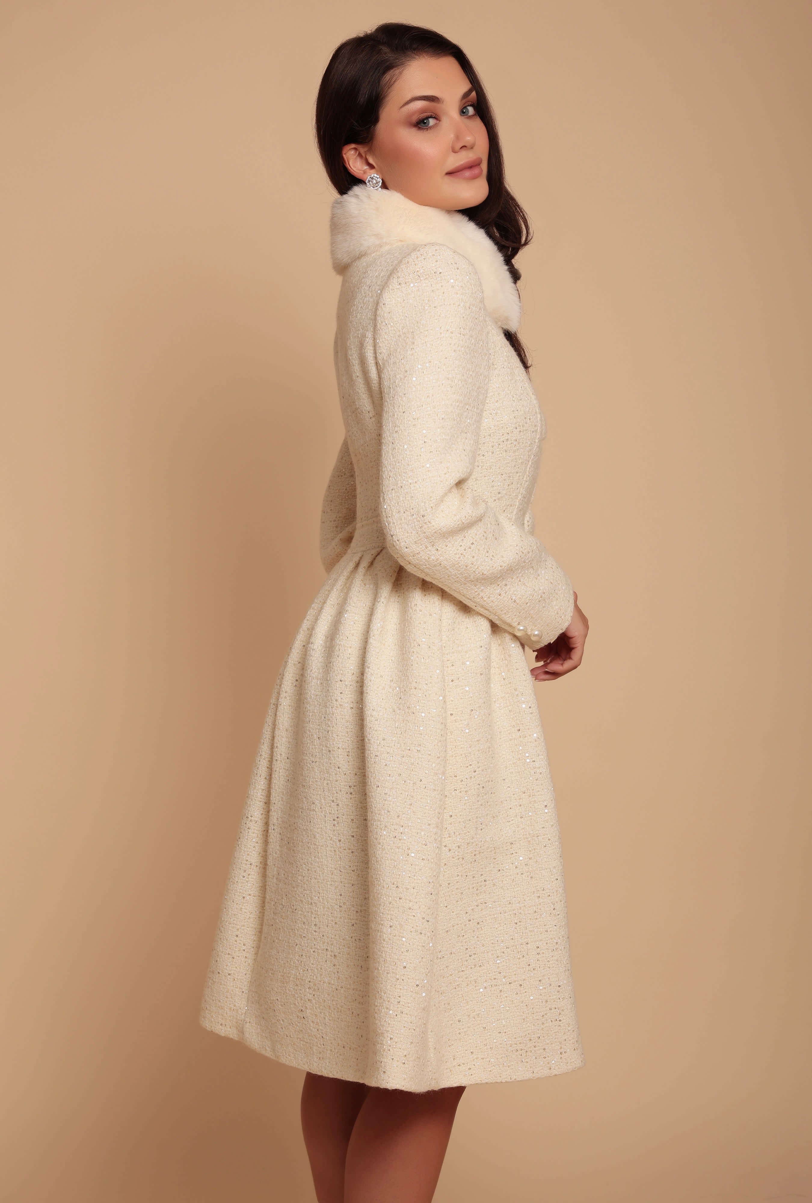 Starlet Wool Tweed Dress Coat With Faux Fur In Crema | Santinni