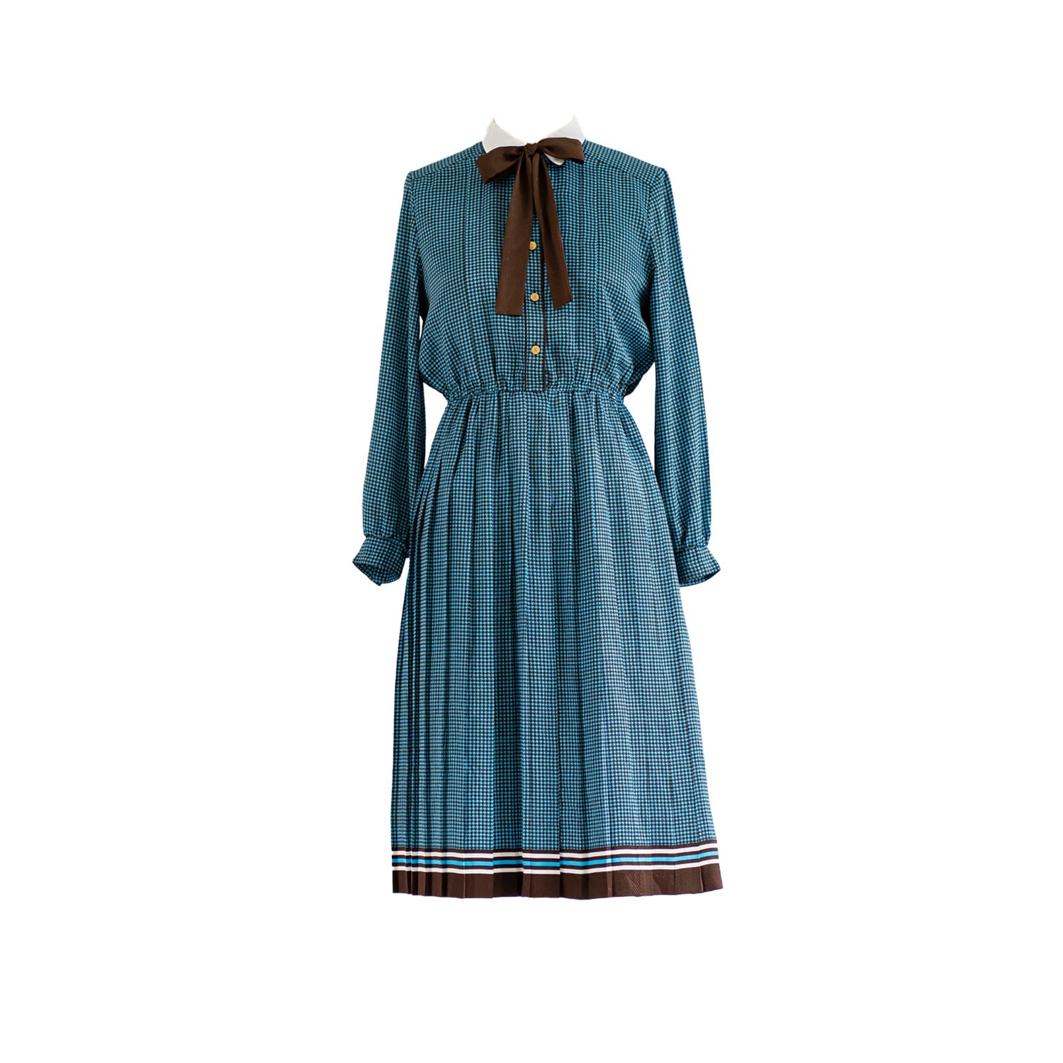 Women’s Vintage Collared Neck Cuff Sleeved Blue Bow-Tie Midi Dress Small Sugar Cream Vintage