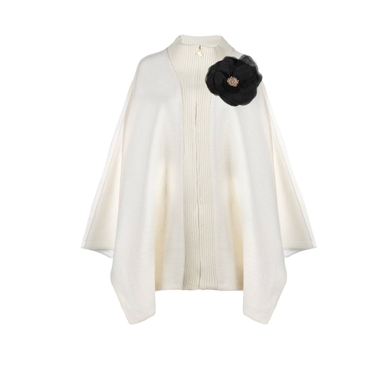 Laines London Women's Black / Neutrals Laines Couture Wool Blend Zip Cape With Embellished Black Corsage - Cream In Black