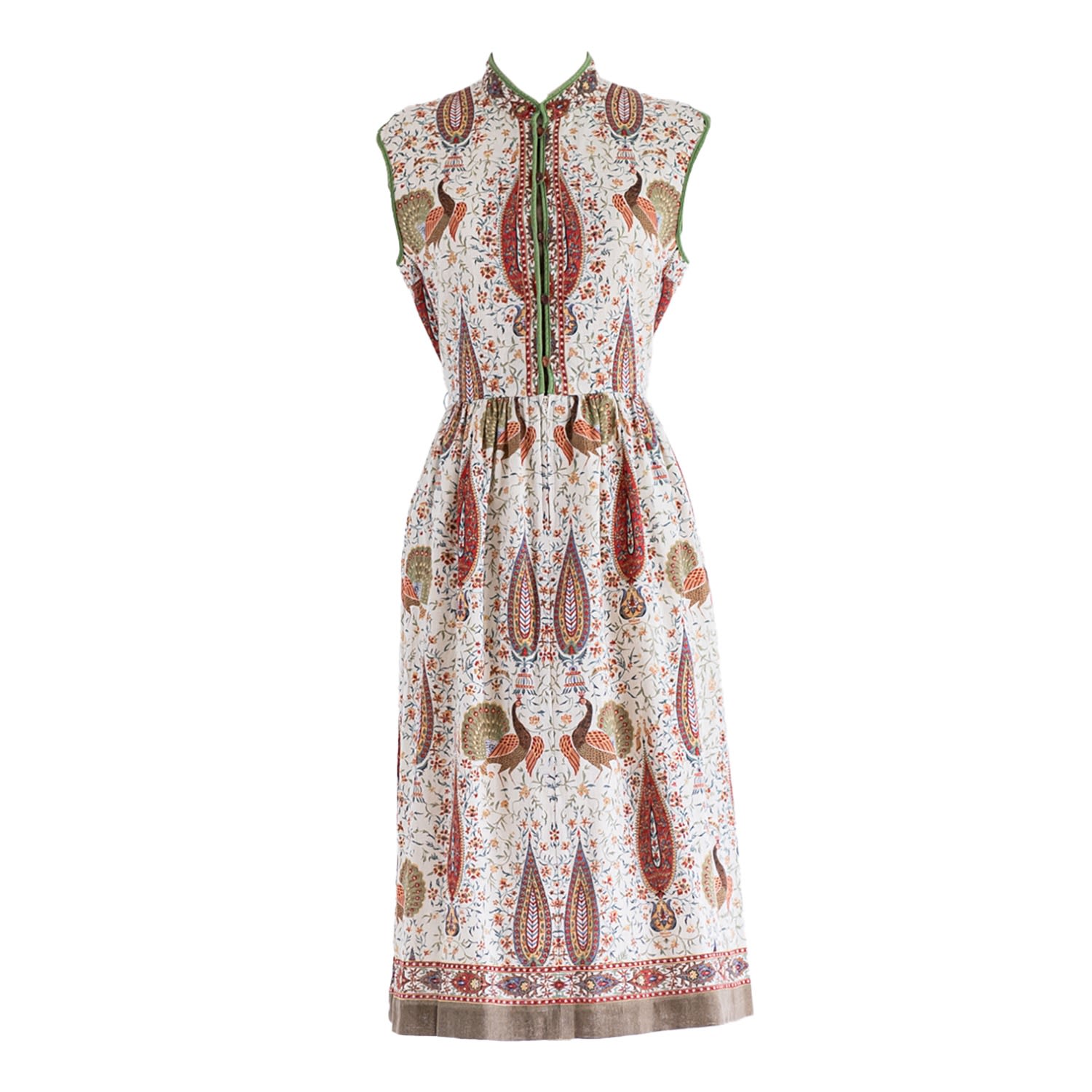 Women’s Vintage White Polyester Mandarin Neck Peacock Print Midi Dress Xxs Sugar Cream Vintage