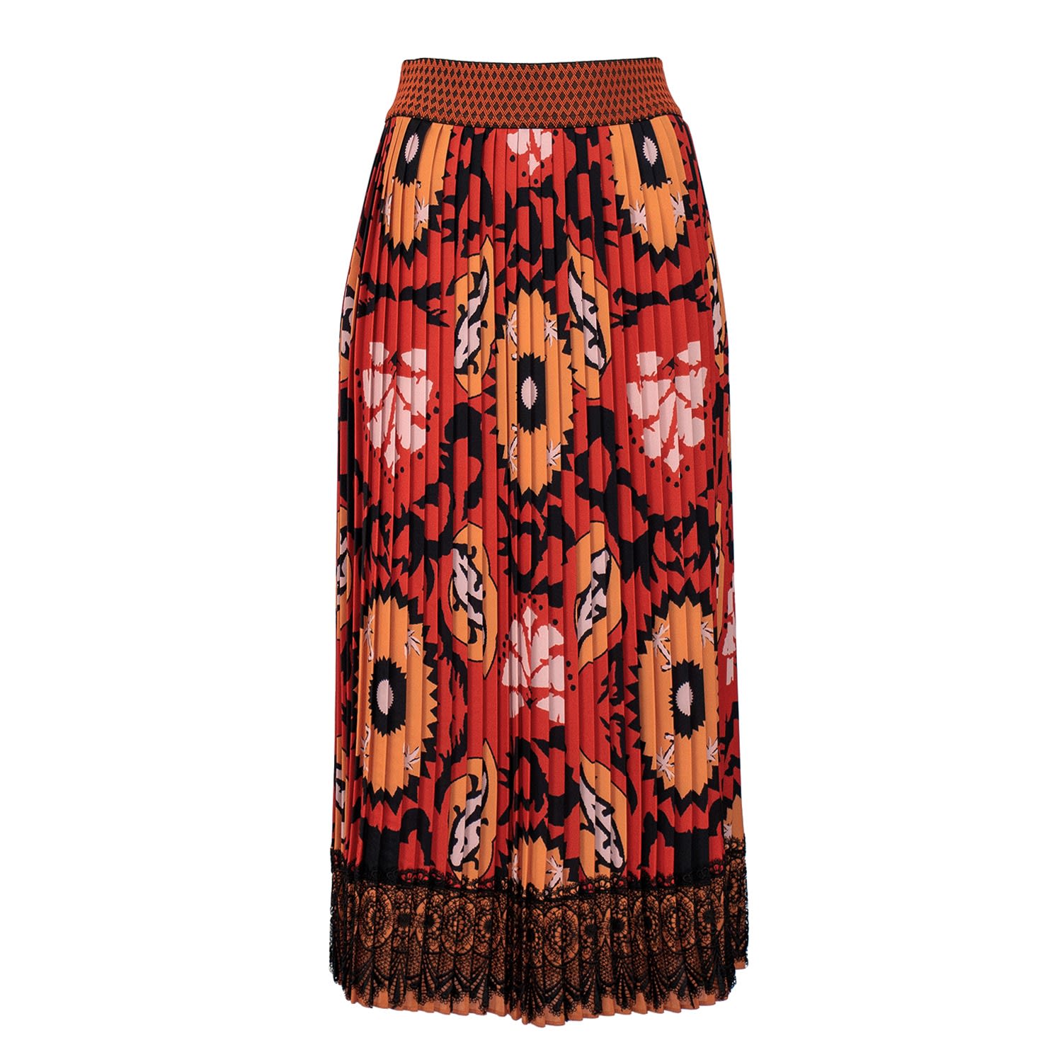 Lalipop Design Women's Maxi Pleated Skirt With Guipure Lace At The Hem In Black