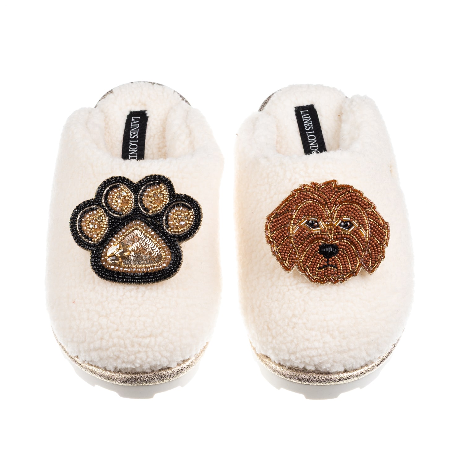 Laines London Women's Neutrals / White Teddy Closed Toe Slippers With Paw & Apricot Cockapoo Brooches - Cream In White