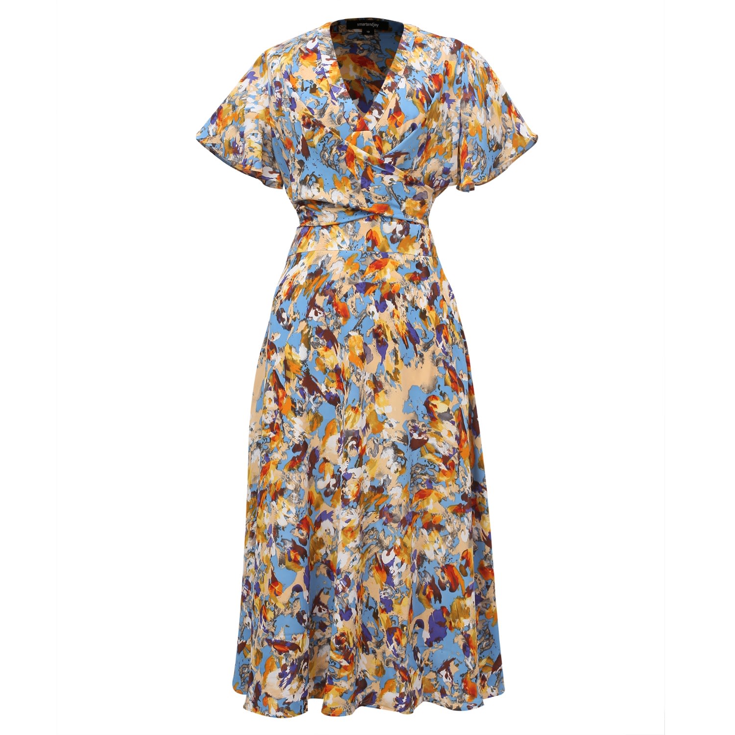 Smart And Joy Women's Wrap Midi Abstract Print Midi Dress - Yellow & Blue In Blue