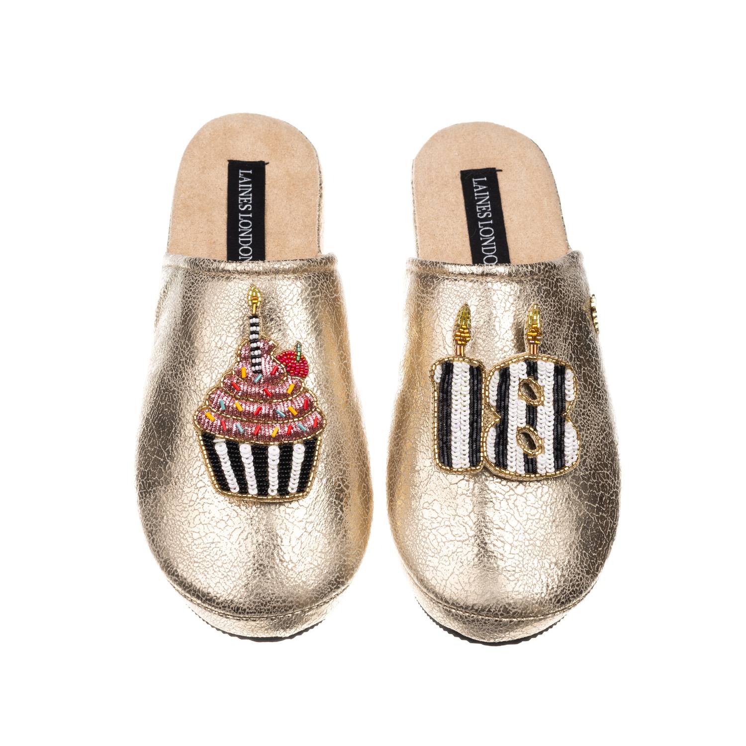 Laines London Women's Laines Gold Softie Slippers With Stripe 18th Birthday & Cake Brooches In Gold