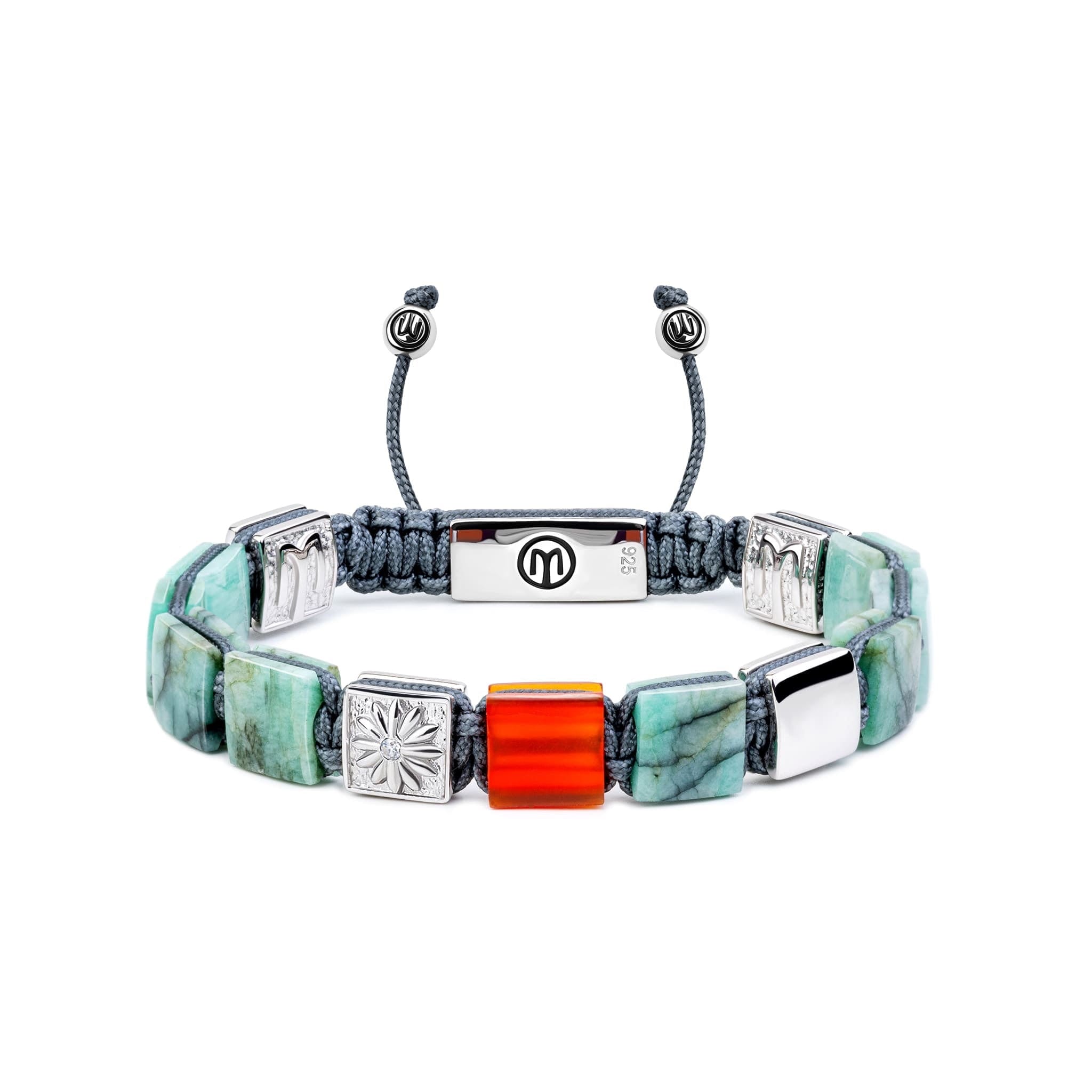 Mahigan Women's Grey / Silver / Green Emerald Flat-bead Bracelet With Carnelian In Silver  - 8mm