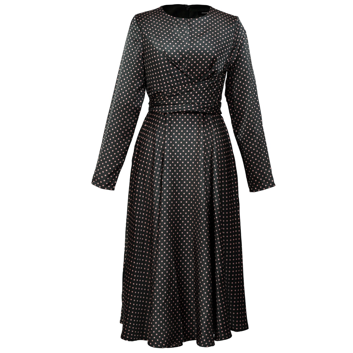 Smart And Joy Women's Flared Printed Satin Dress With Side Knotted Panel - Green In Green