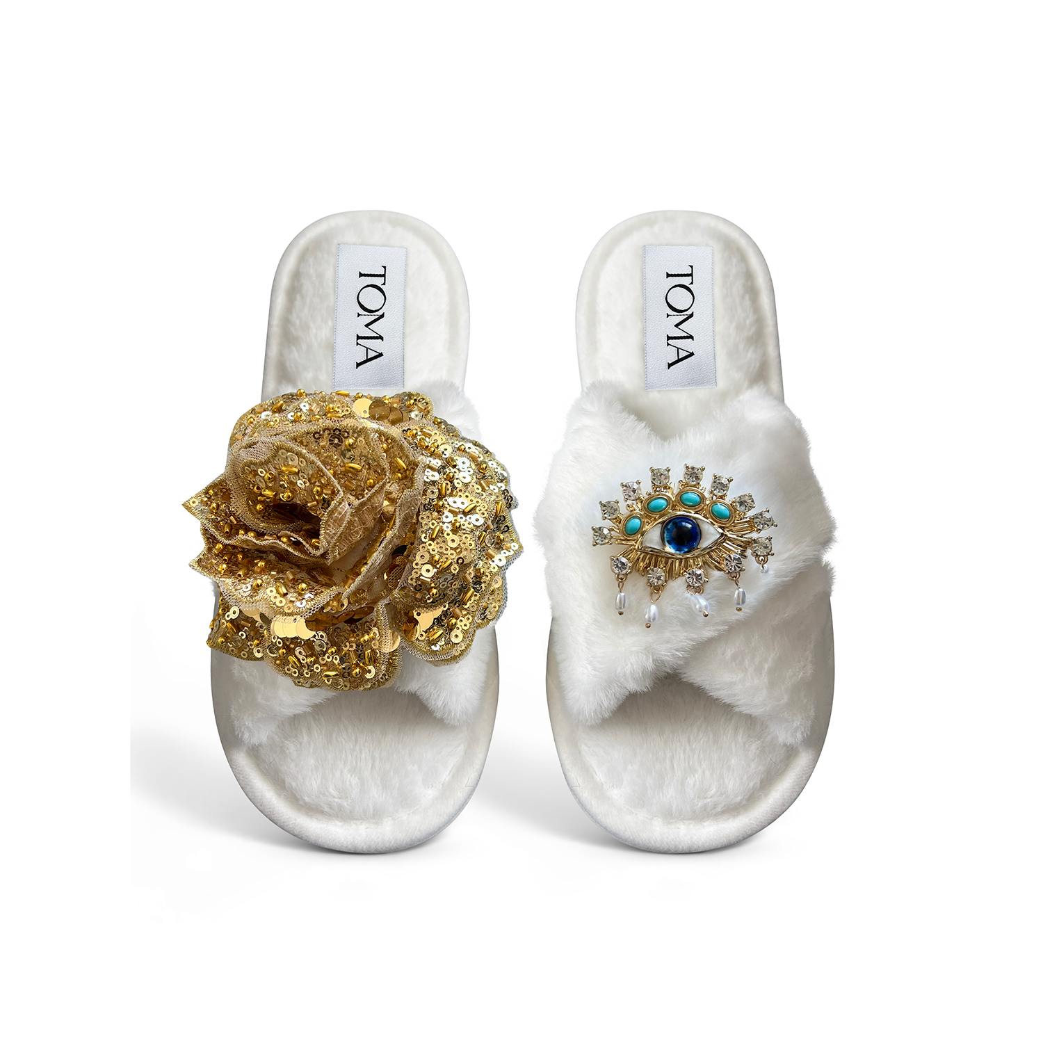 Toma Women's White Classic  Open Toe Gold Sequin Flower And Blue Eye Slippers In Multi