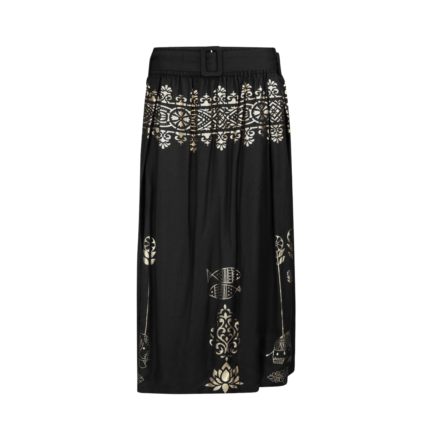 Women's Black Metallic Gold Printed Midi Skirt | Small | Nesavaali