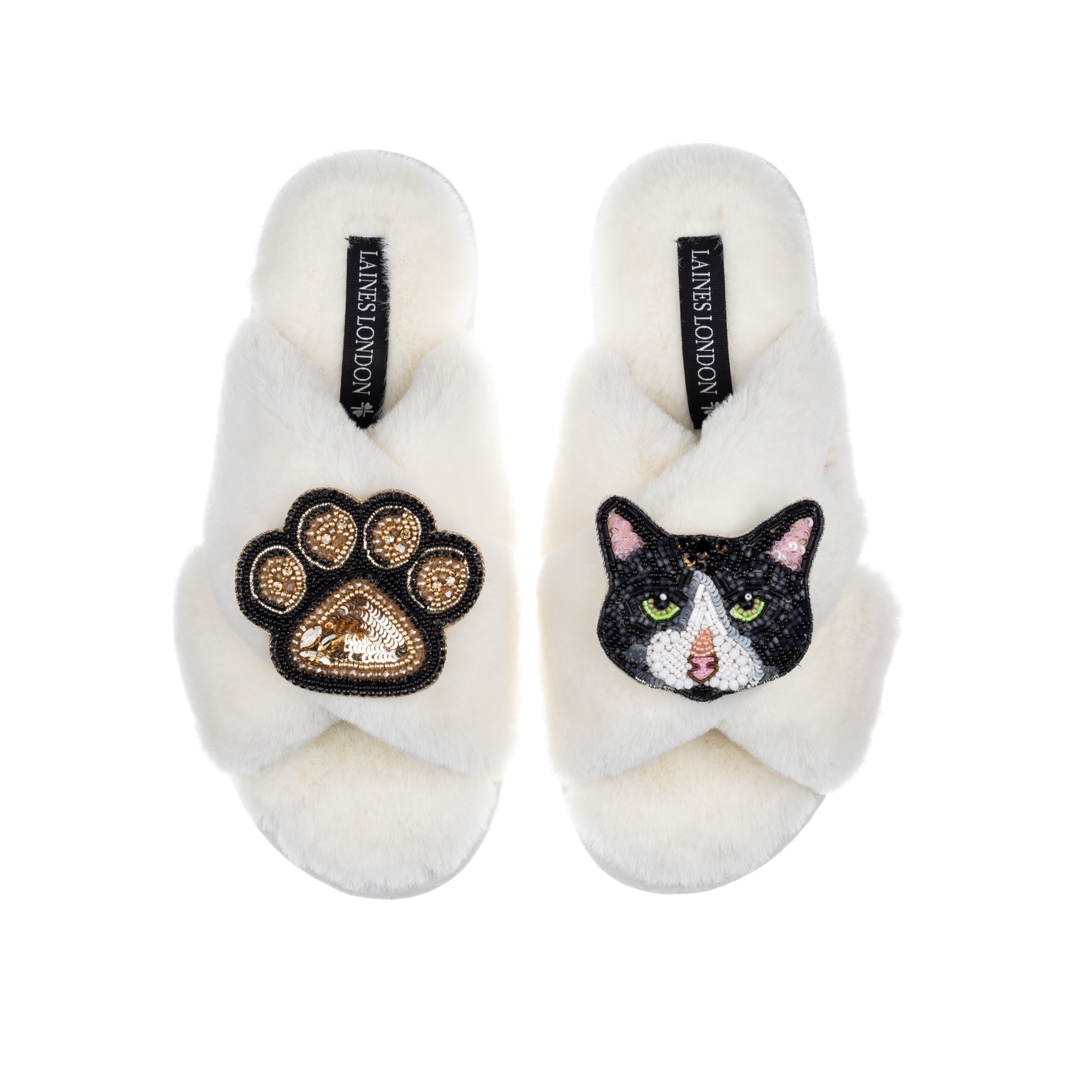 Laines London Women's White Classic Laines Slippers With Oreo Cat & Paw Brooches - Cream In White