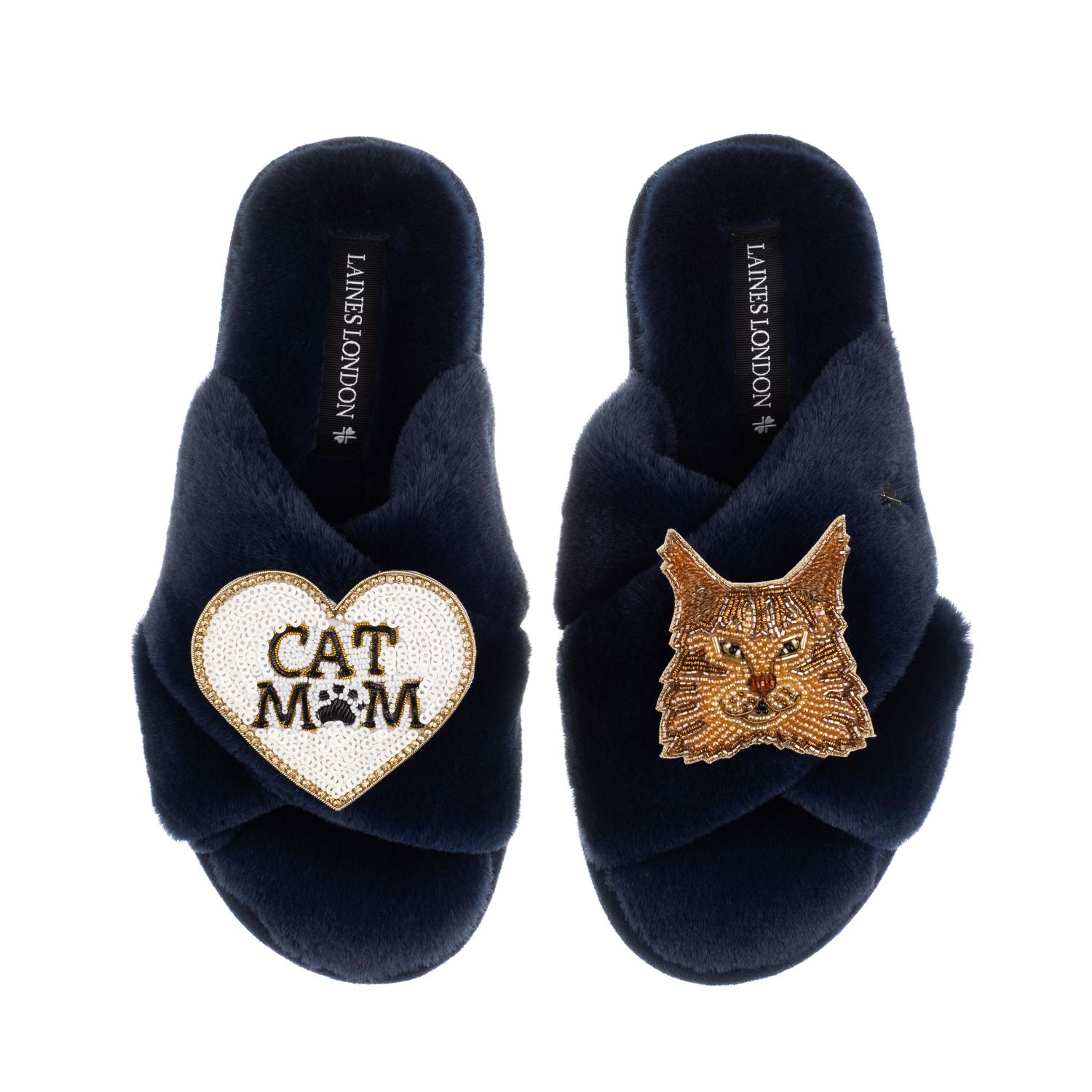 Laines London Women's Blue Classic Laines Slippers With Cat Mum/mom & Ginger Norwegian Forest Cat Brooches - Navy In Blue